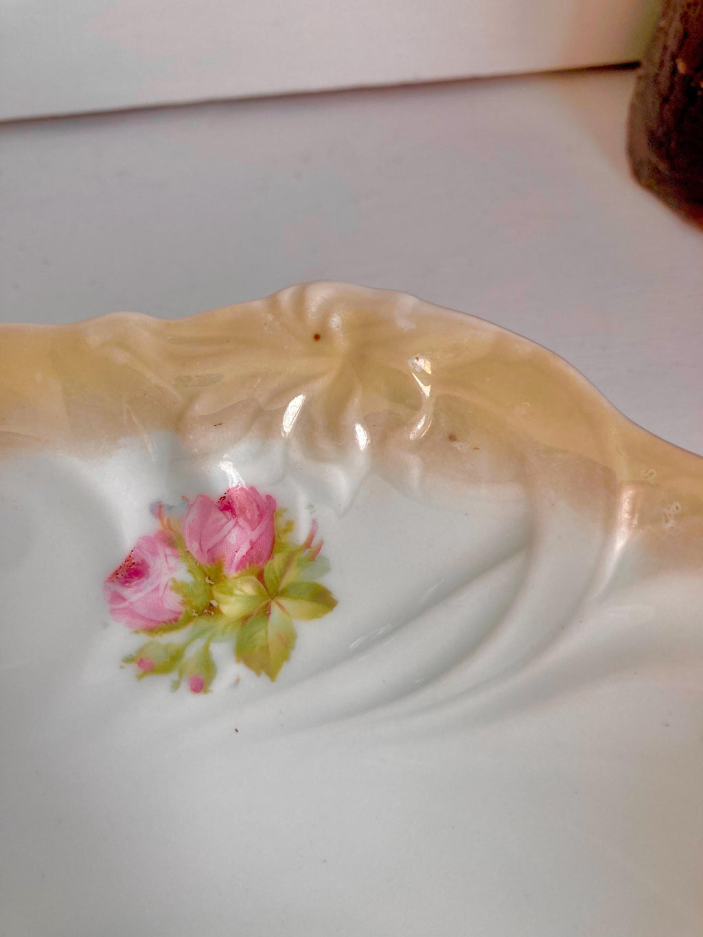 Vintage Bavarian Porcelain Bowl: Floral Appliqué, Luster Ruffled Rim