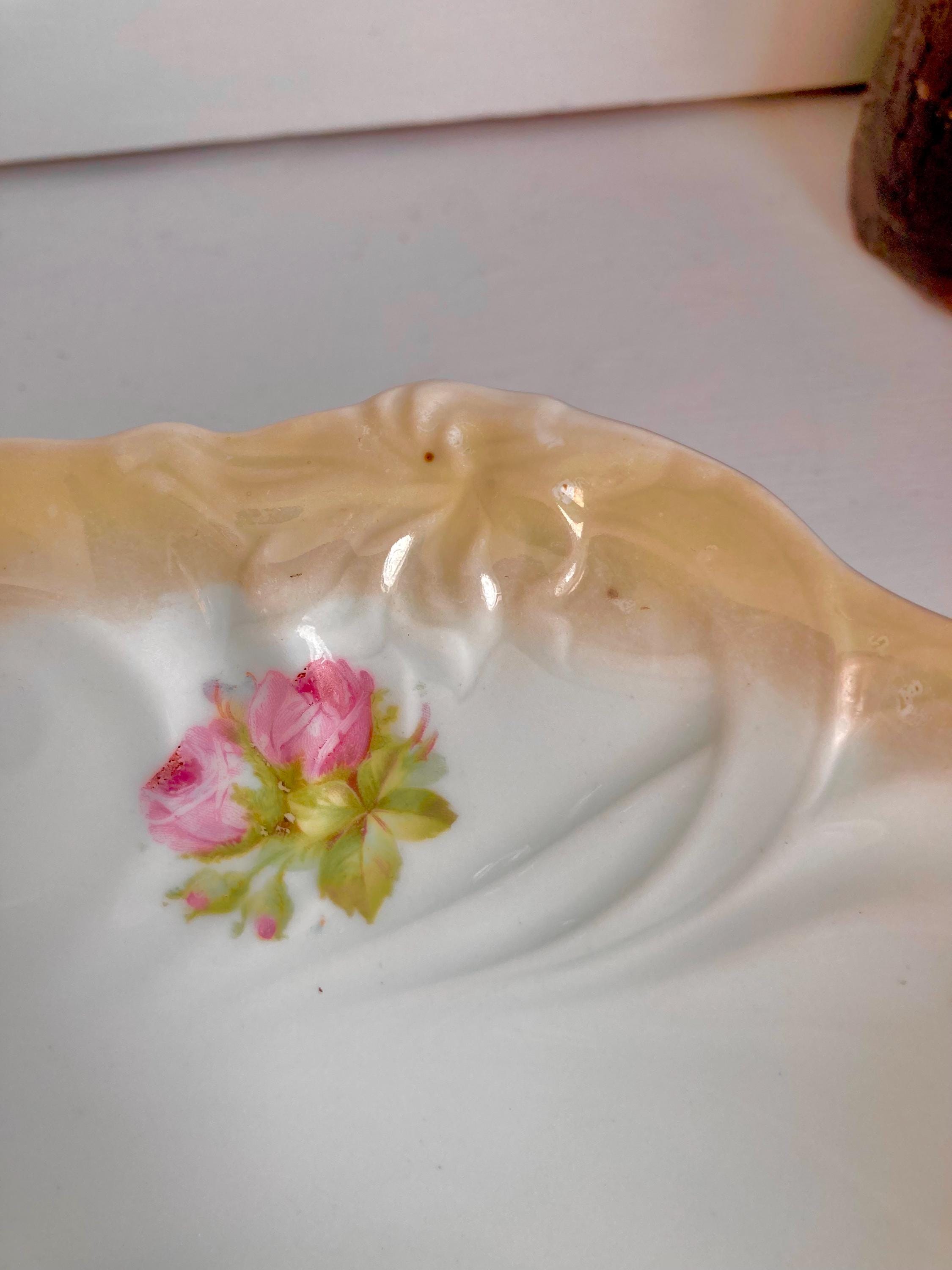 Vintage Bavarian Porcelain Bowl: Floral Appliqué, Luster Ruffled Rim