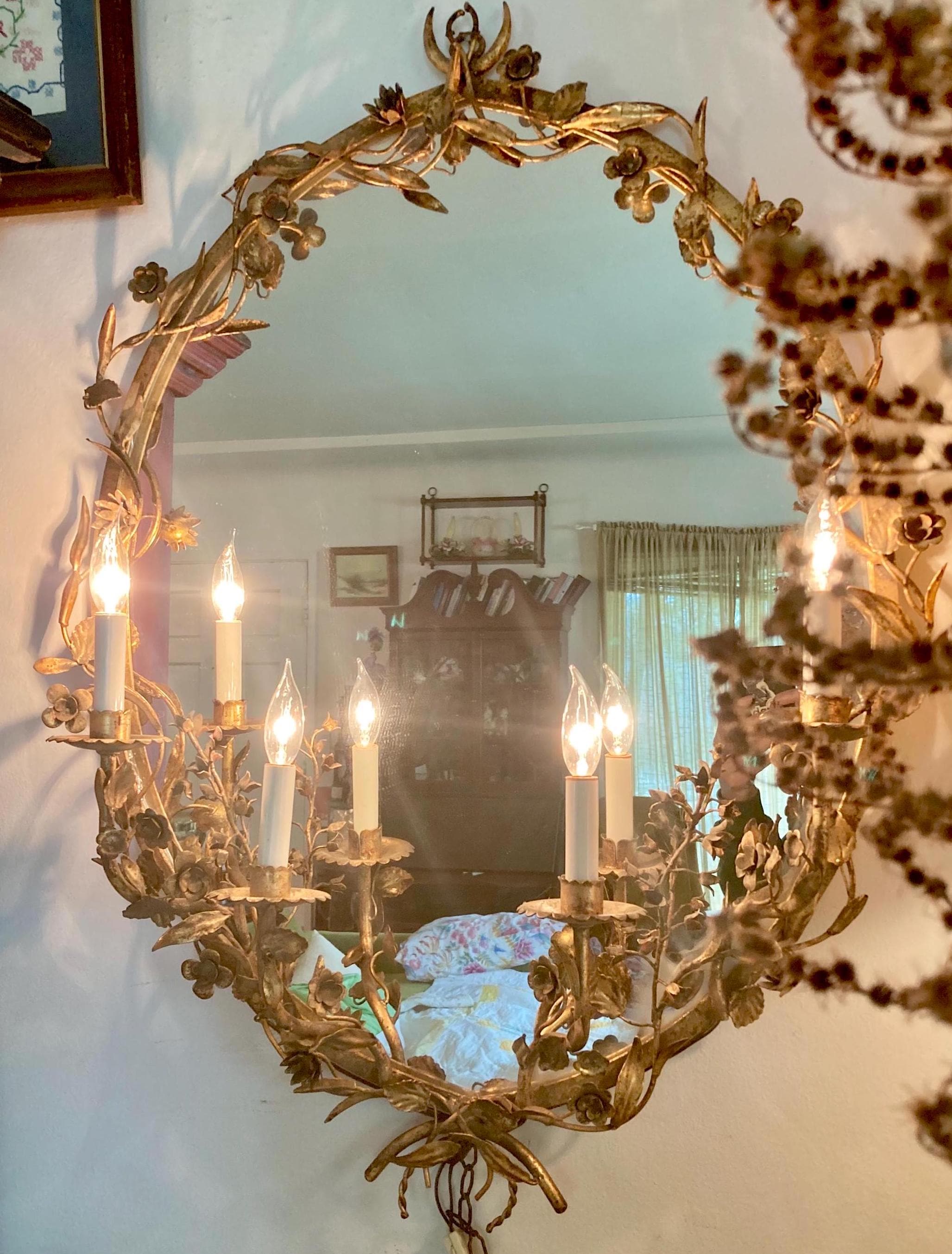 Vintage Gilt Floral Garland Framed Electric-Lighted Wall-hanging Mirror: Gold Floral Oval Frame with Four Candle Style Lamps-Ready to Hang