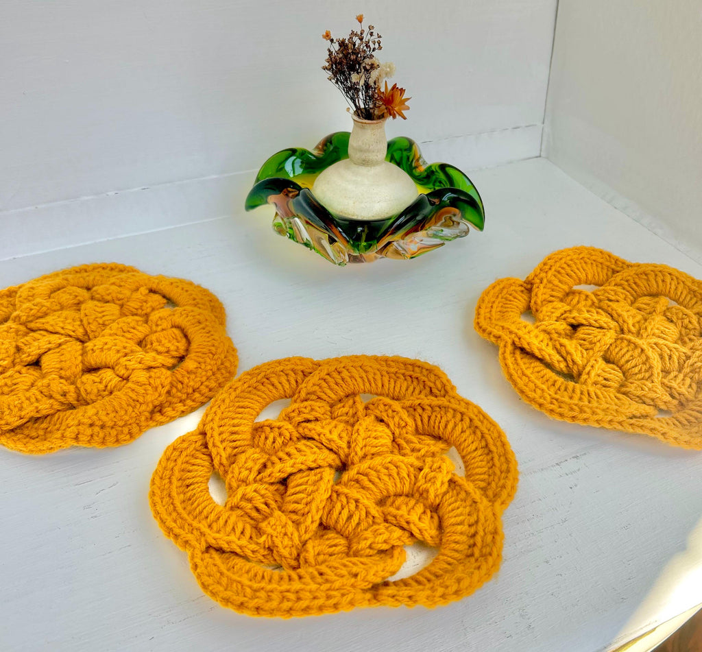Vintage Crocheted Trivets: Mustard Yellow Braided Coasters, Set of 3
