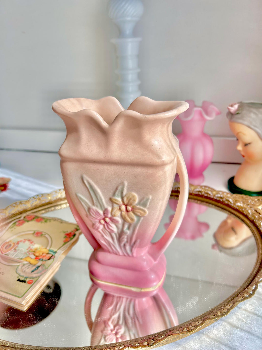 Vintage Hull Art Pottery Vase: Pink Floral Urn with Handles