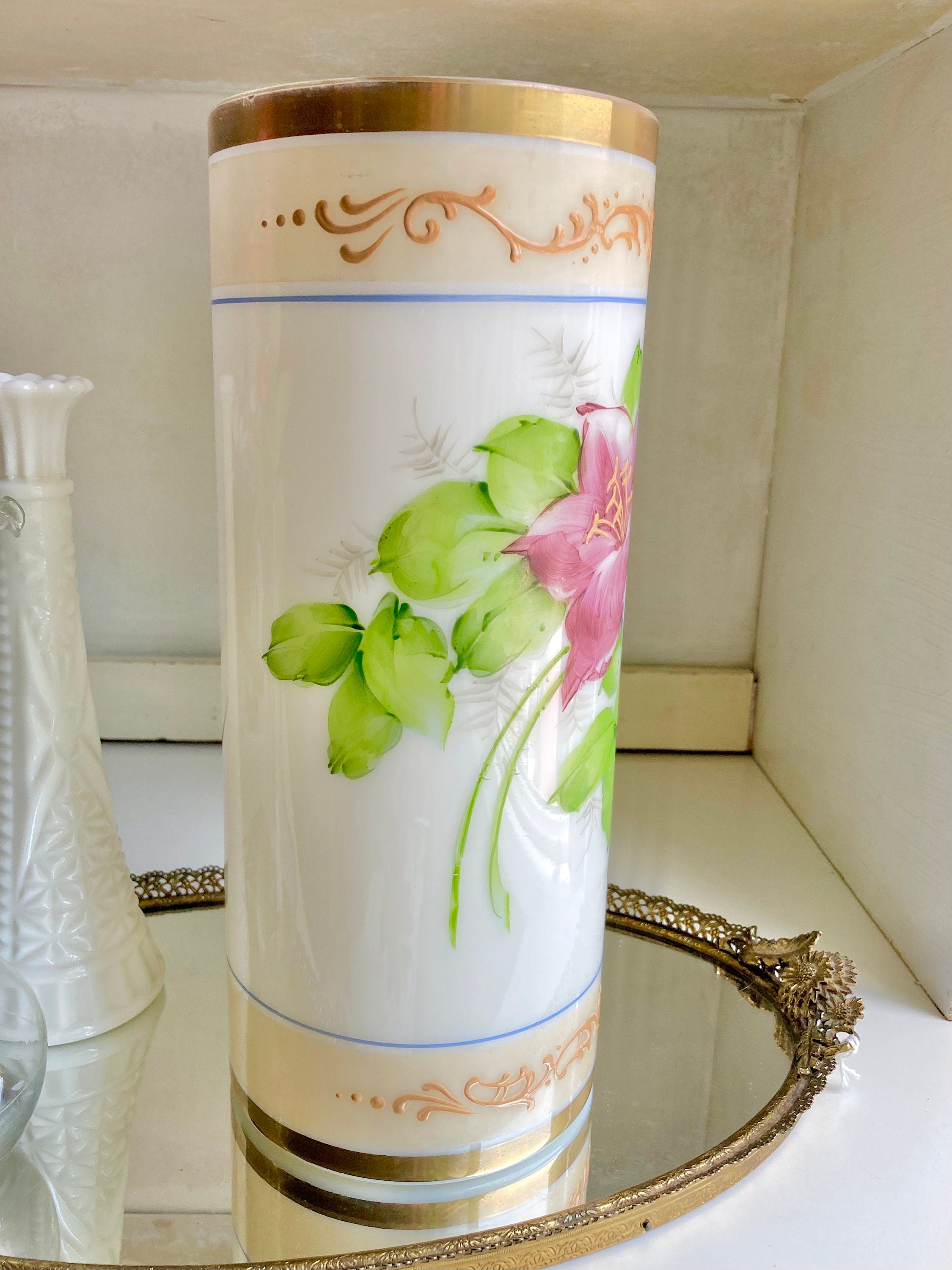 Vintage 1930s Milk Glass Vase – Deluxe Inc Floral Cylinder with Gilt