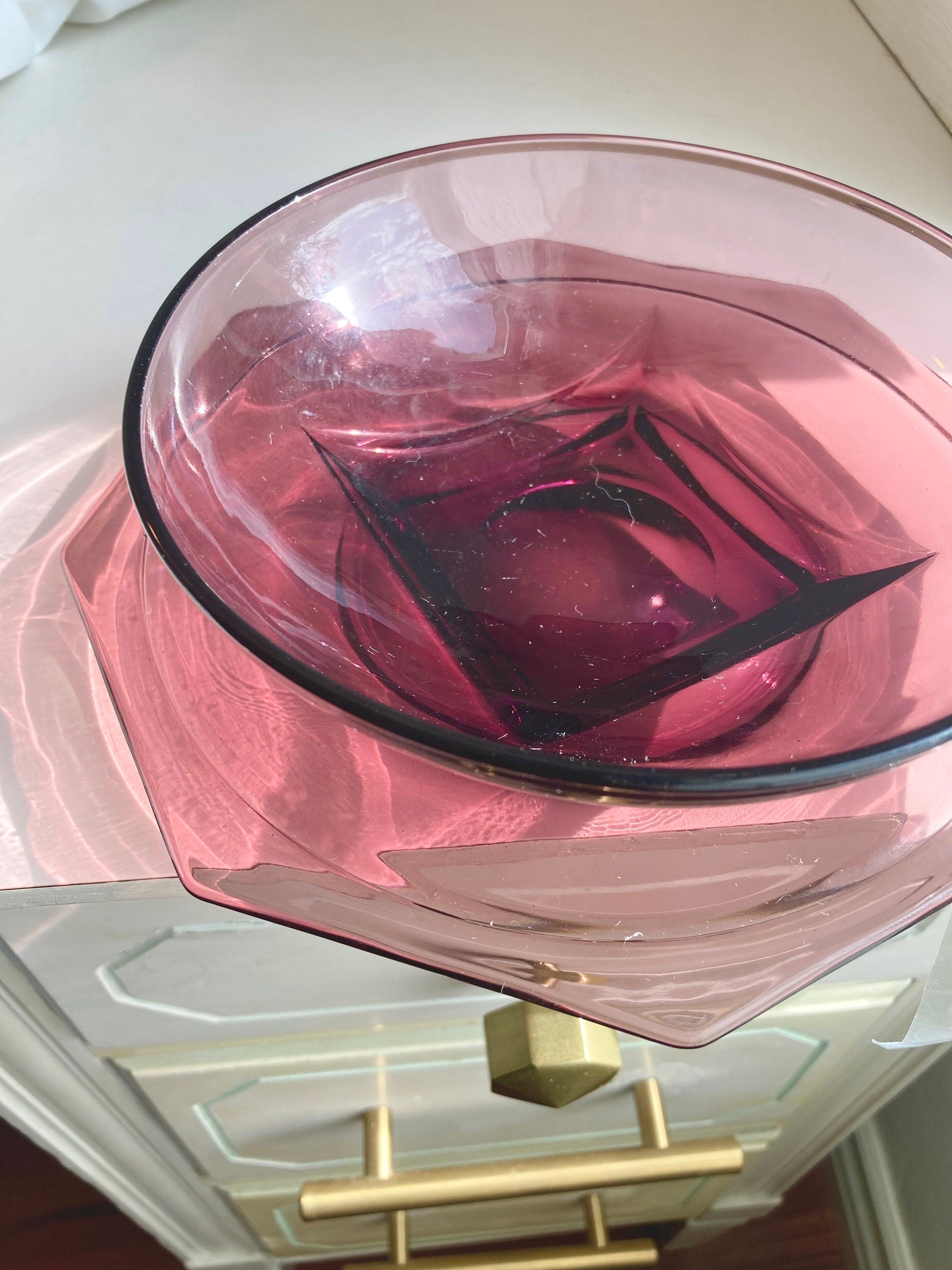 Vintage Hazel Atlas Moroccan Amethyst square-base bowl and octagon plate set
