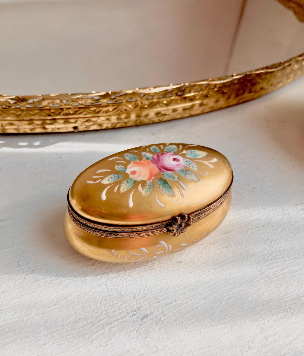Vintage Limoges Porcelain Lidded Box: Hand-Painted Floral Gilt Jewelry Box