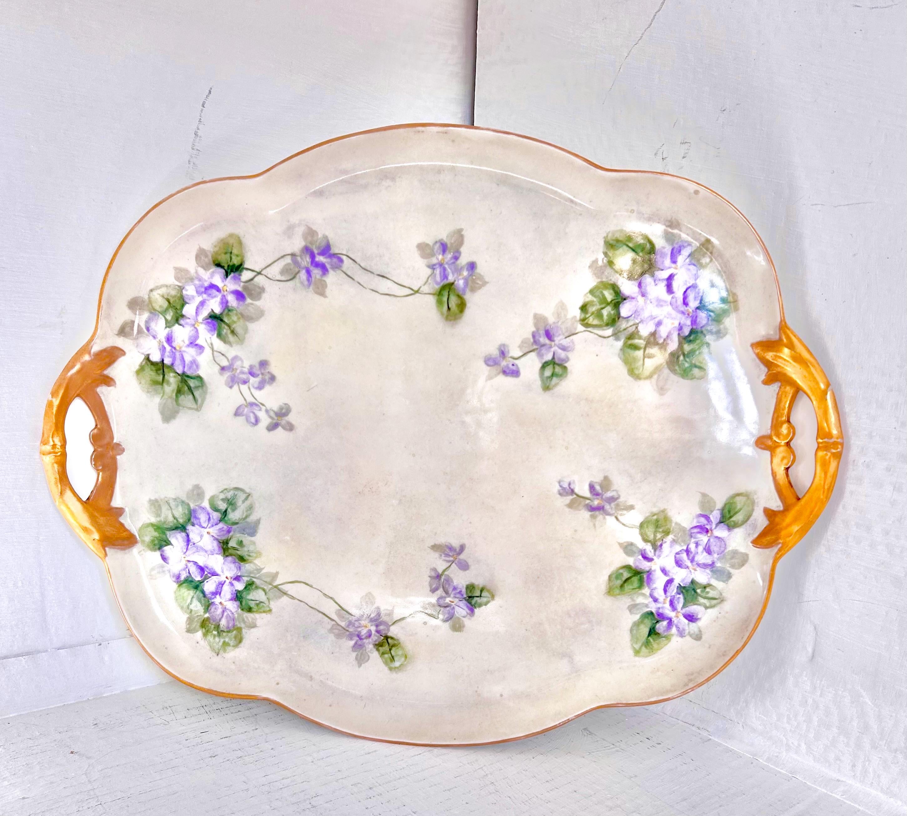 Large 18 inch William Guerin & Co Limoges Porcelain Tray with Hand-painted Violets