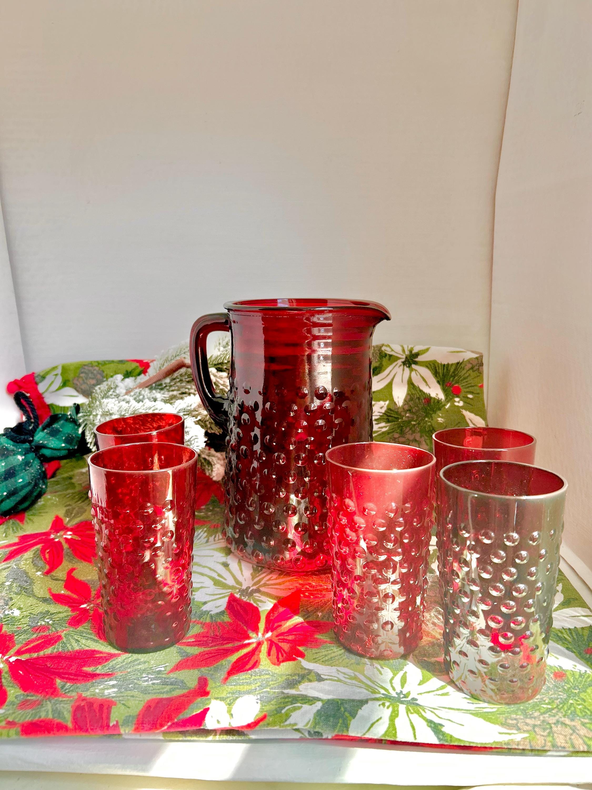 Vintage Anchor Hocking Royal Ruby Red Hobnail Glass Set: Pitcher & 8 Juice Glasses
