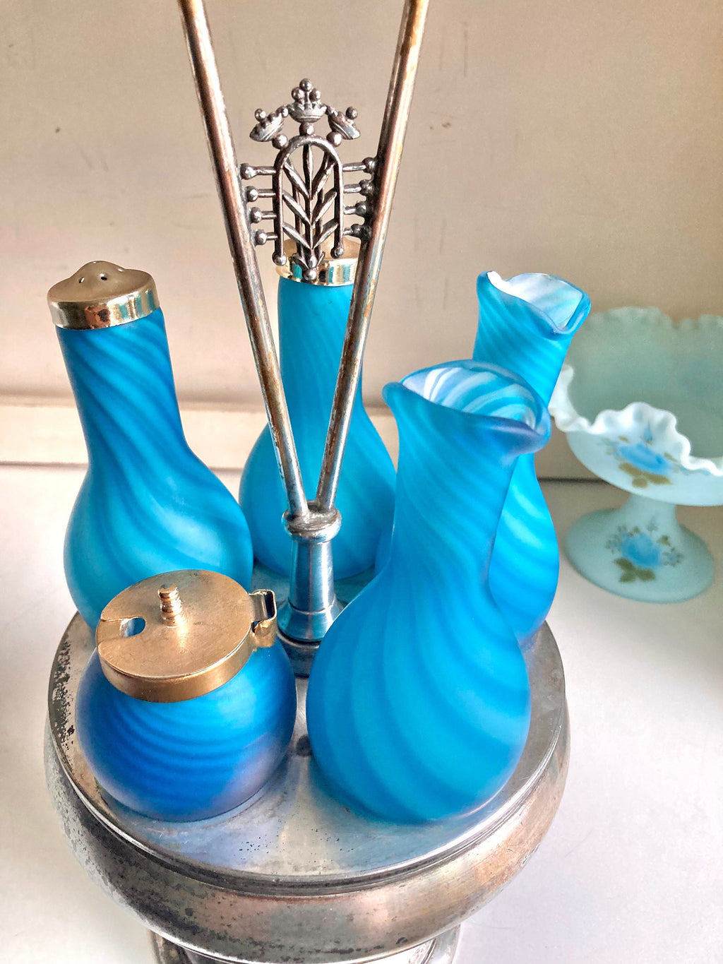Antique Meriden Silver Plated Cruet Caddy: Sky-Blue Swirl Glass Bottles