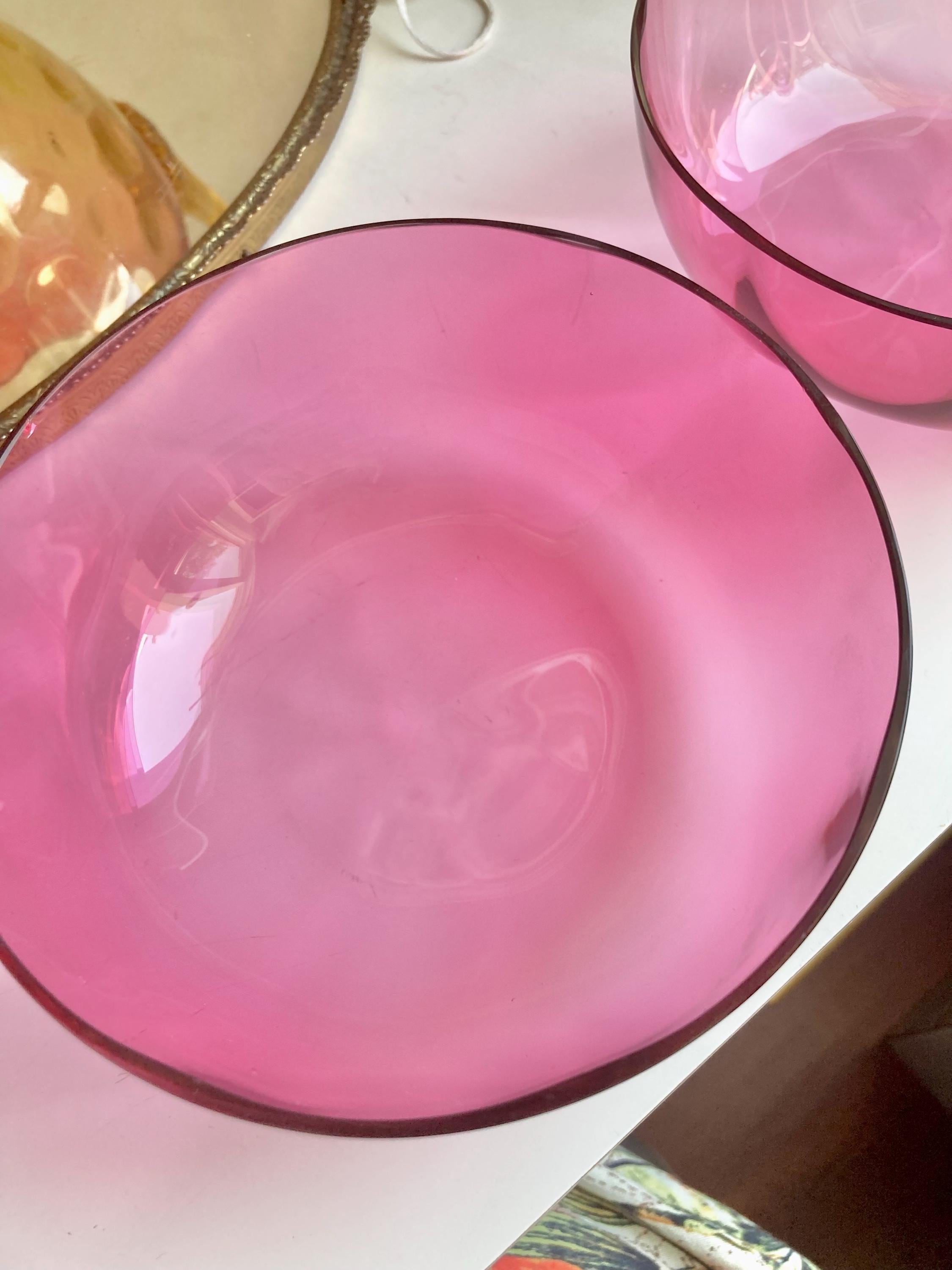 Pair of Antique Victorian Optic Blown Glass Textured Cranberry Pink Bowls - Set of 2