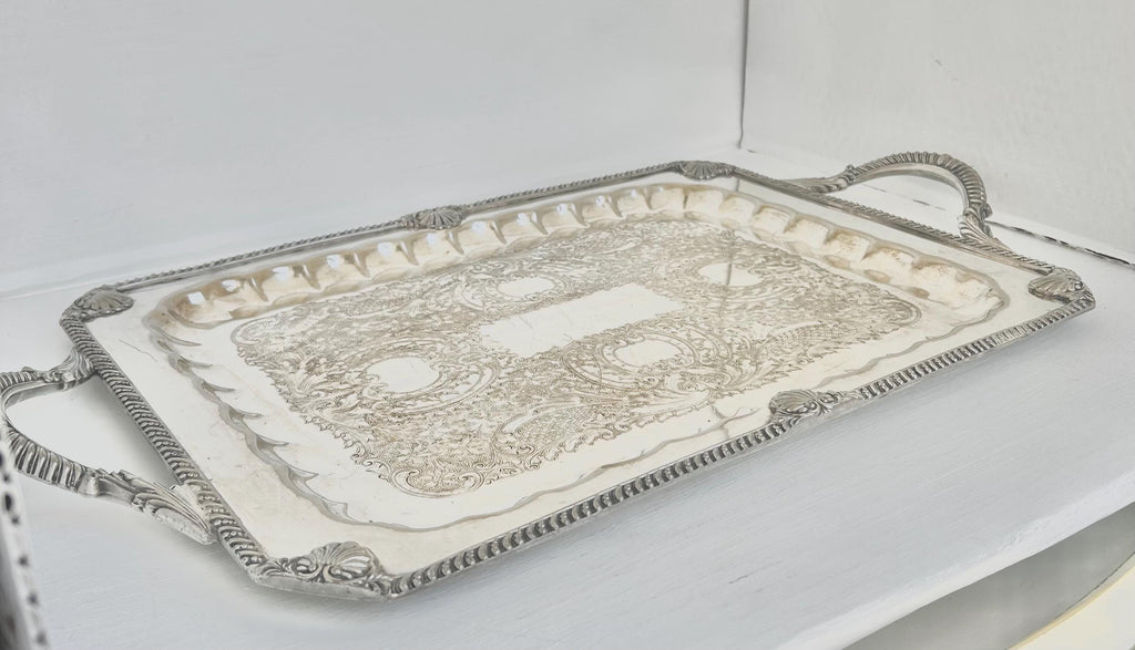 Vintage Silverplated Copper Tray: Neoclassical Seashell Rim, English Silver Co. - Vintage worn