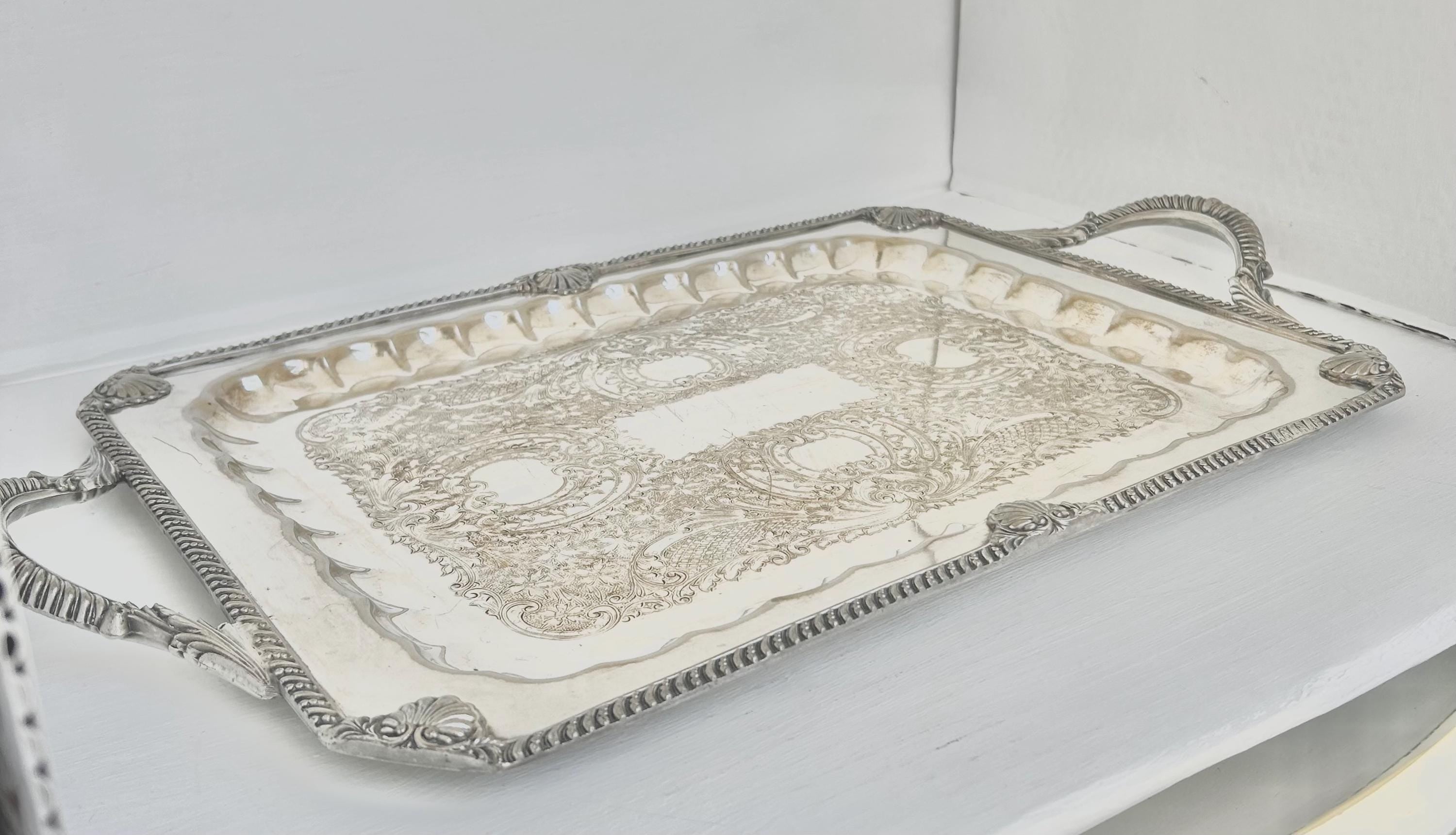 Vintage Silverplated Copper Tray: Neoclassical Seashell Rim, English Silver Co. - Vintage worn