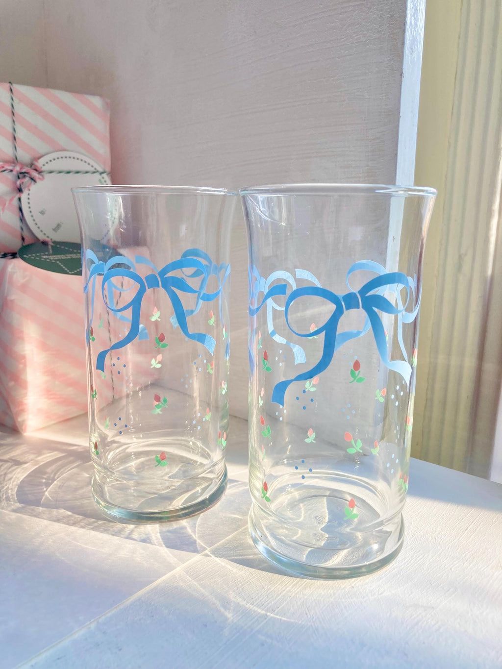Vintage Libbey Glassware Set: Blue Ribbon & Rose Floral Glasses