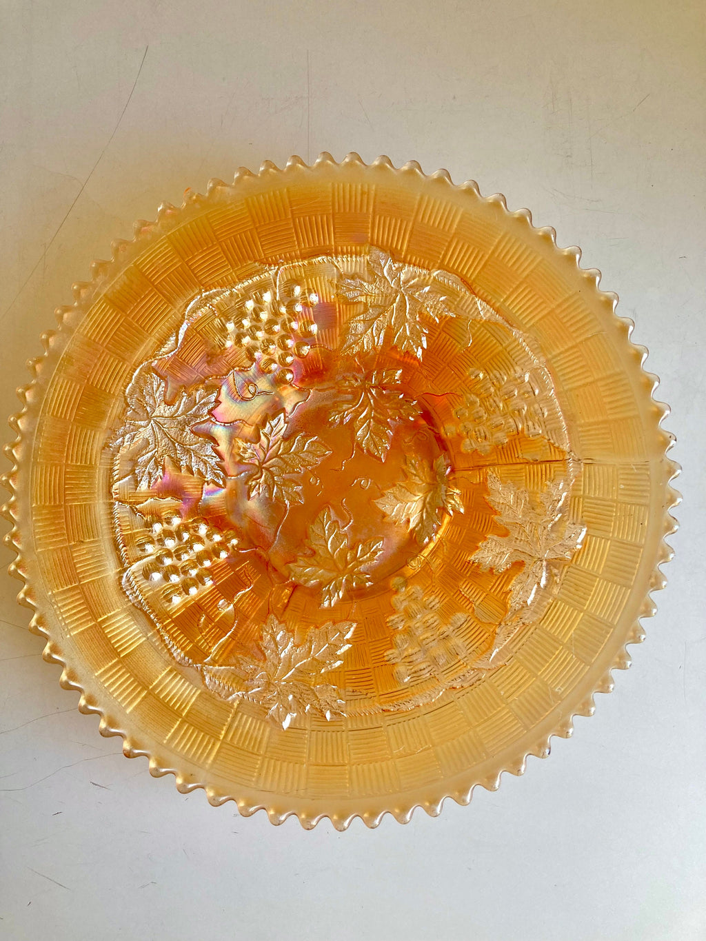 Antique Northwood Grape & Cable Basket weave Marigold Carnival Glass Plate with Sawtooth edge 9”
