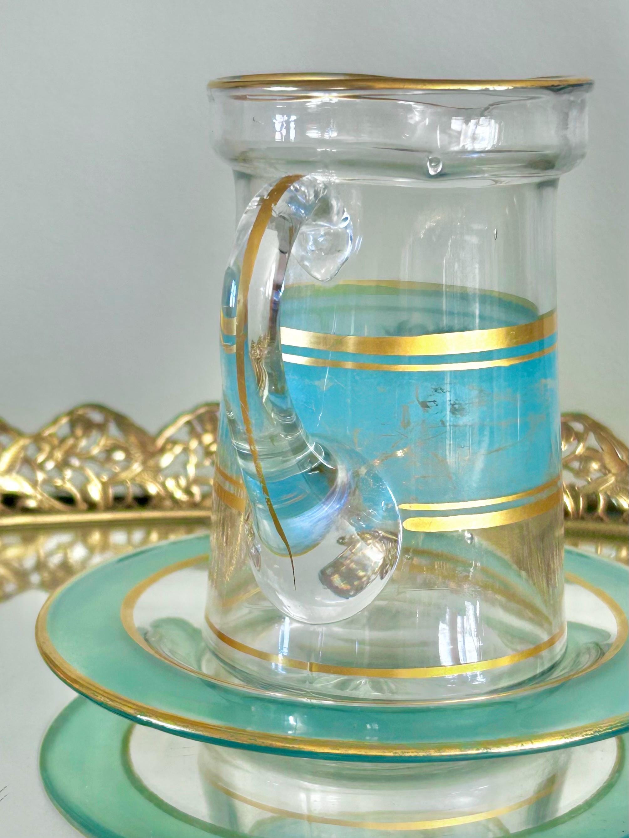 Vintage Hand-painted Small Glass Pitcher/Creamer with Under-plate, Blue and Gold Trim