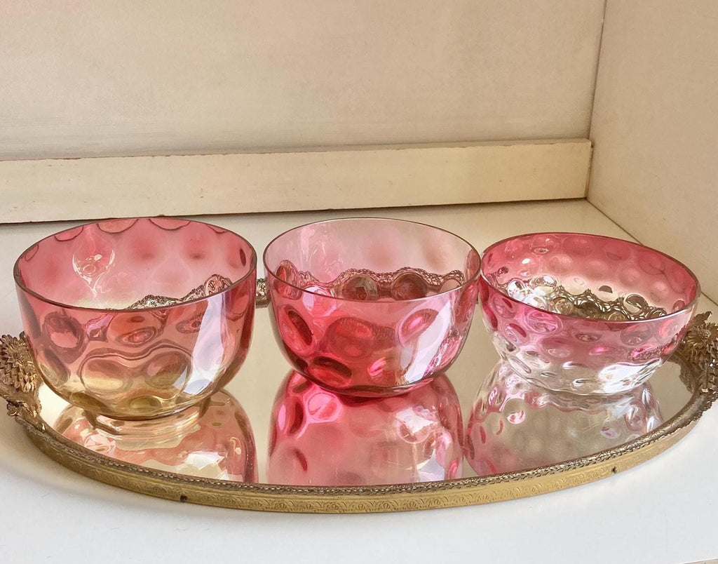 Antique Victorian Amberina Glass Bowl: Reverse Thumbprint Coin Dot
