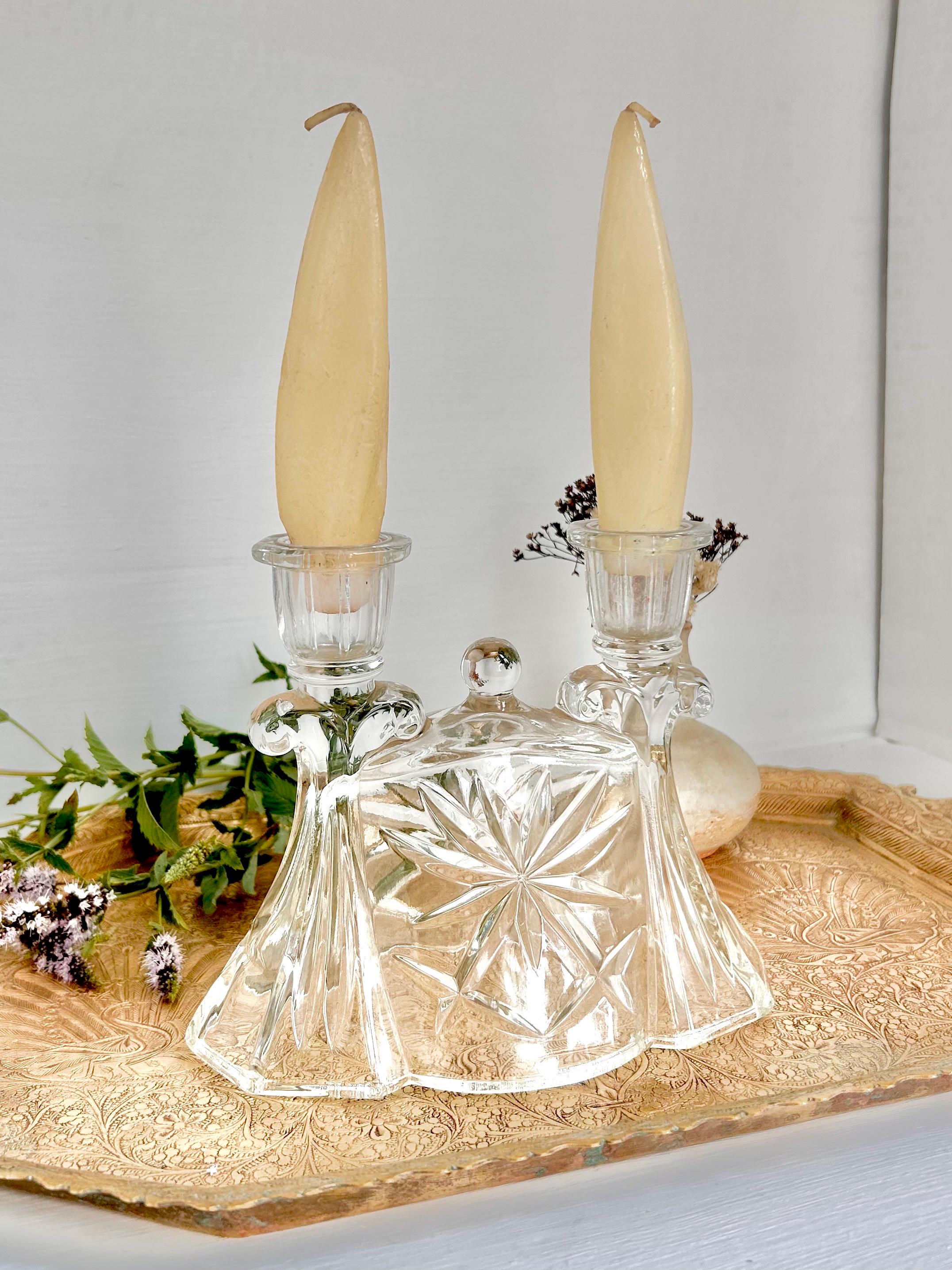 Vintage Anchor Hocking Prescut Double Candlestick Holder - Heavy Pressed Cut Clear Glass Candelabra