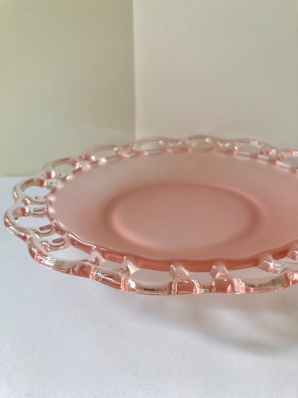 Frosted Pink Anchor Hocking Depression Glass - open lace edge -8.5" diameter