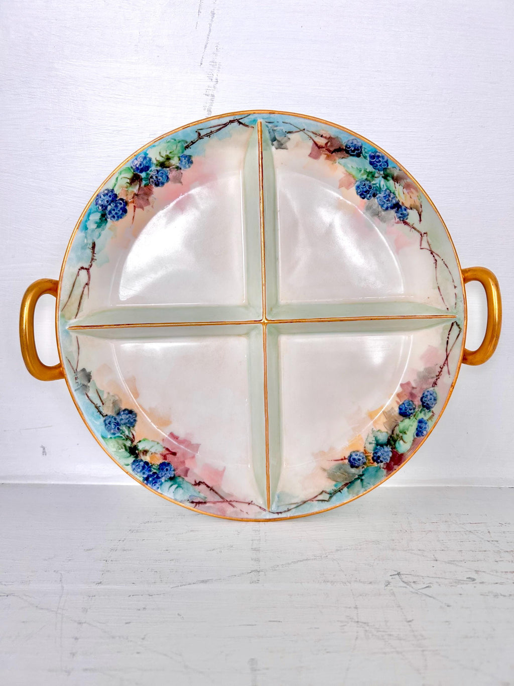 Vintage Noritake Divided Porcelain Dish Hand-painted With Berries