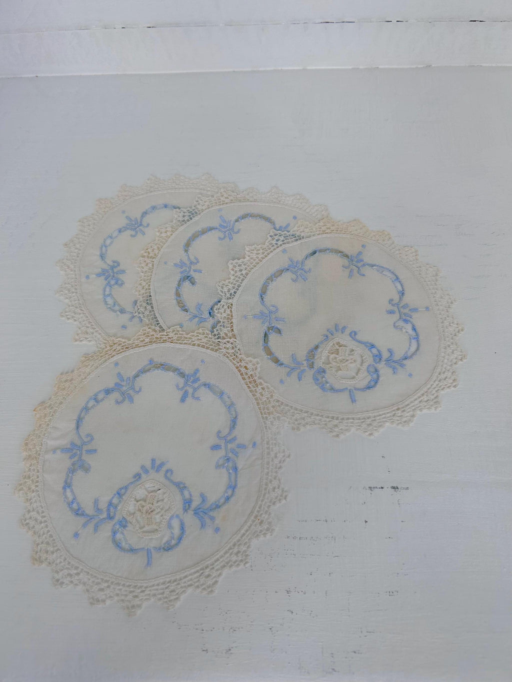 Vintage Linen Coasters Set: Perforated Floral Lace, Pale Blue Detail