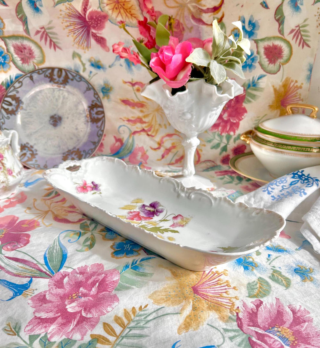 Vintage Porcelain Tray: Pink & Purple Poppies, Gilt Rim, Bavaria Germany