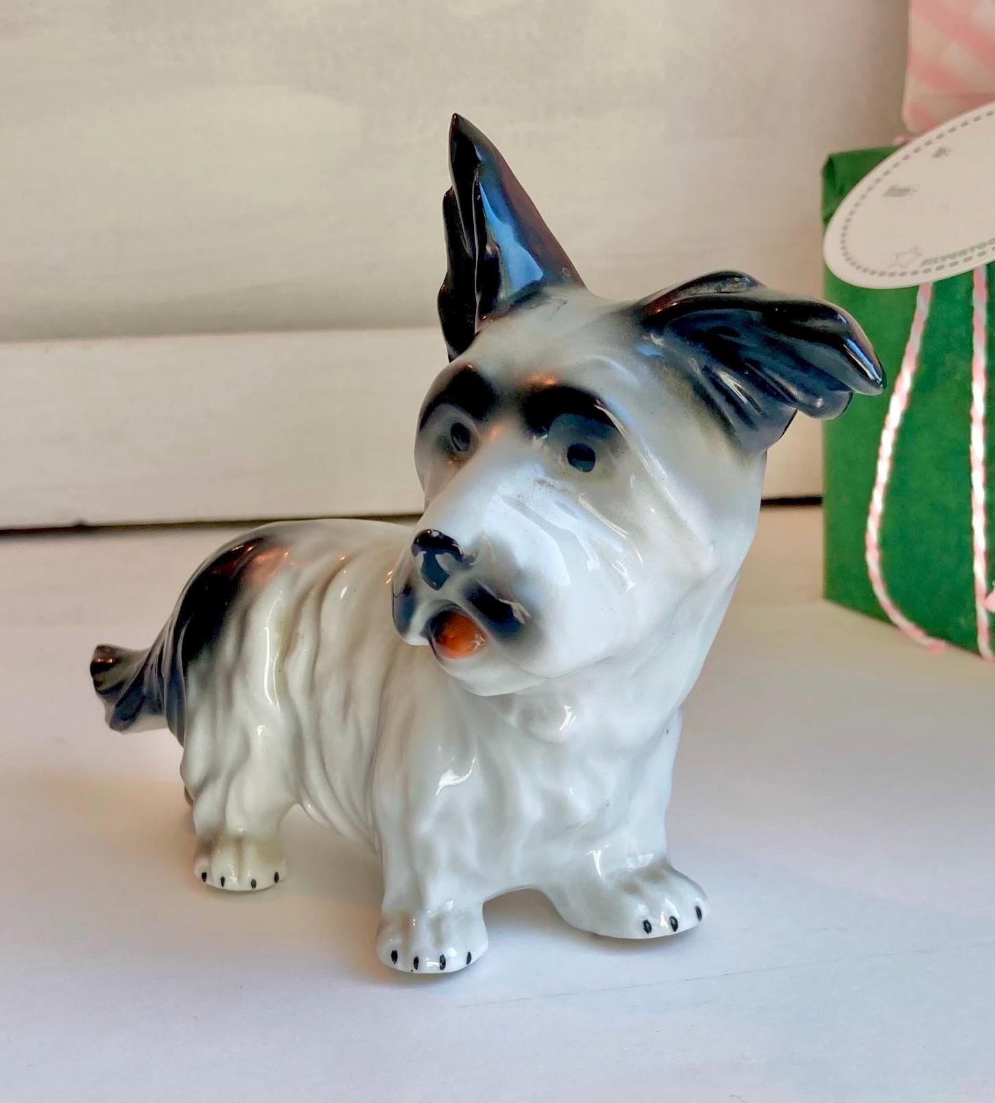 Vintage Hand Painted Porcelain Terrier Figurine: German Scotty Dog