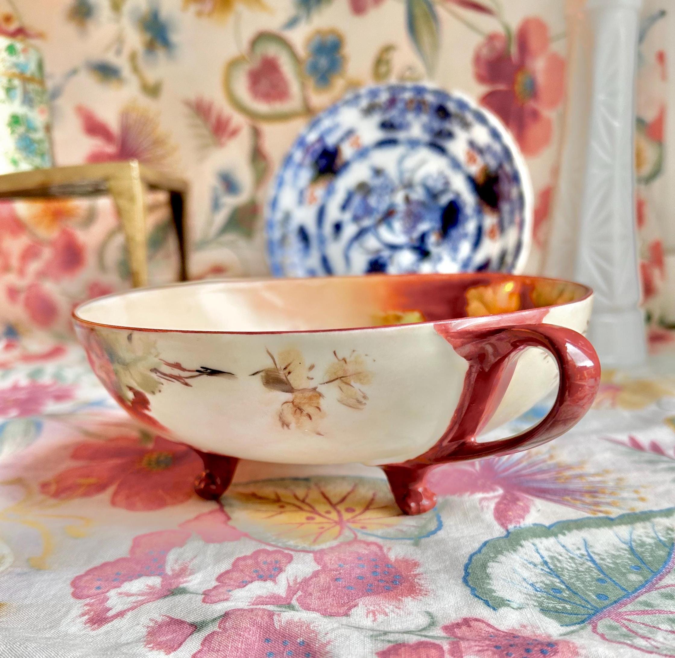 Antique MZ Austria Porcelain Footed Bowl: Hand-Painted Harvest Grape (CHIP!)