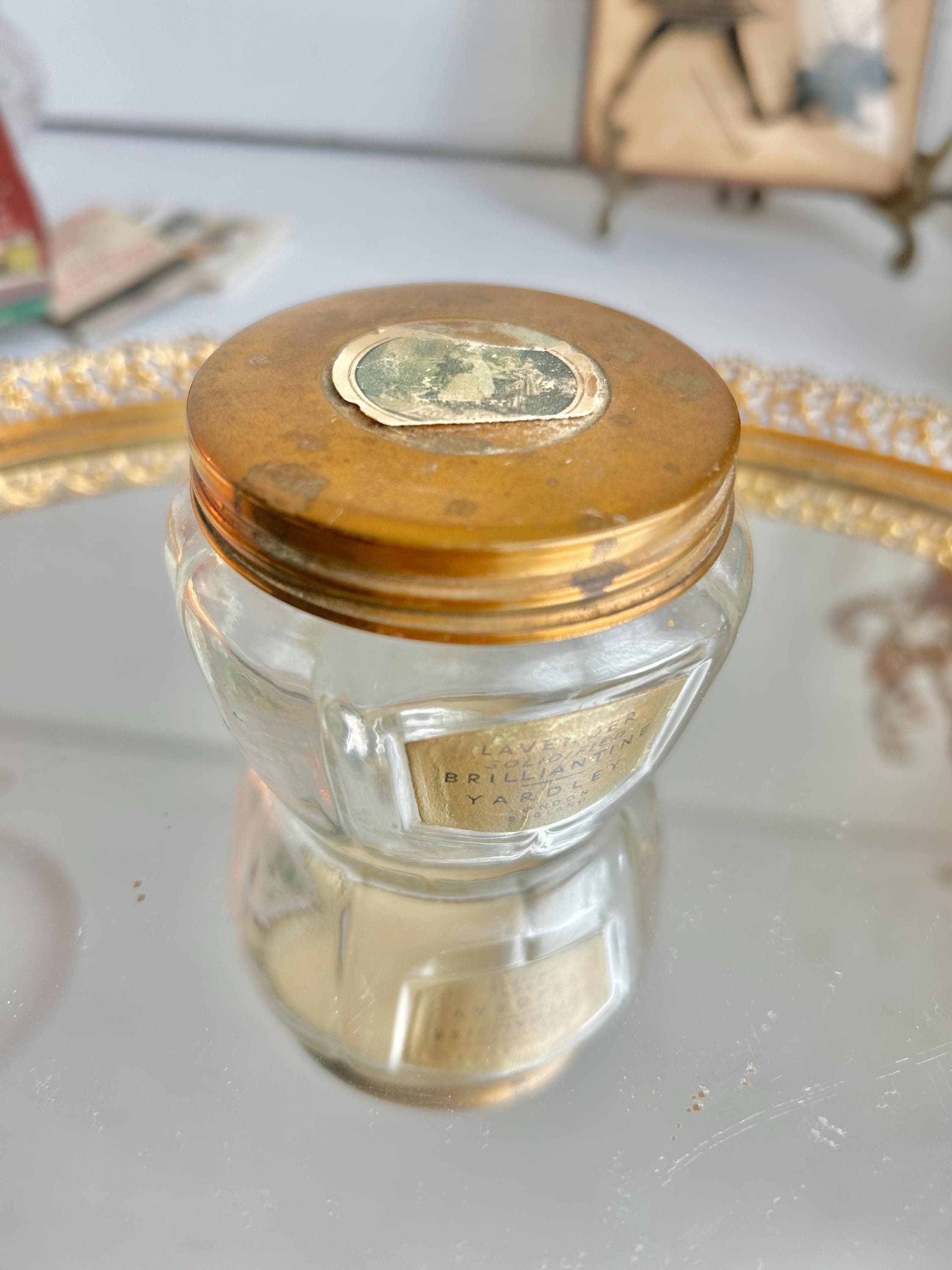 Vintage Yardley Lavender Brilliantine Jar: Clear Glass, Brass Lid