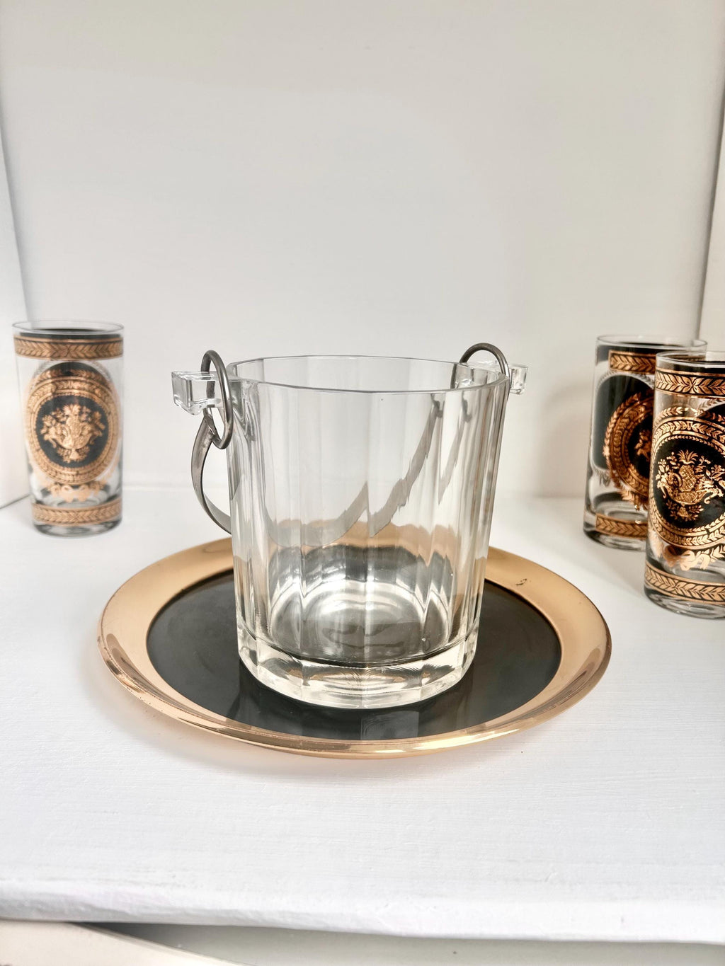 Vintage Paneled Glass Ice Bucket: Stainless Steel Handle Cocktail Serving Pail