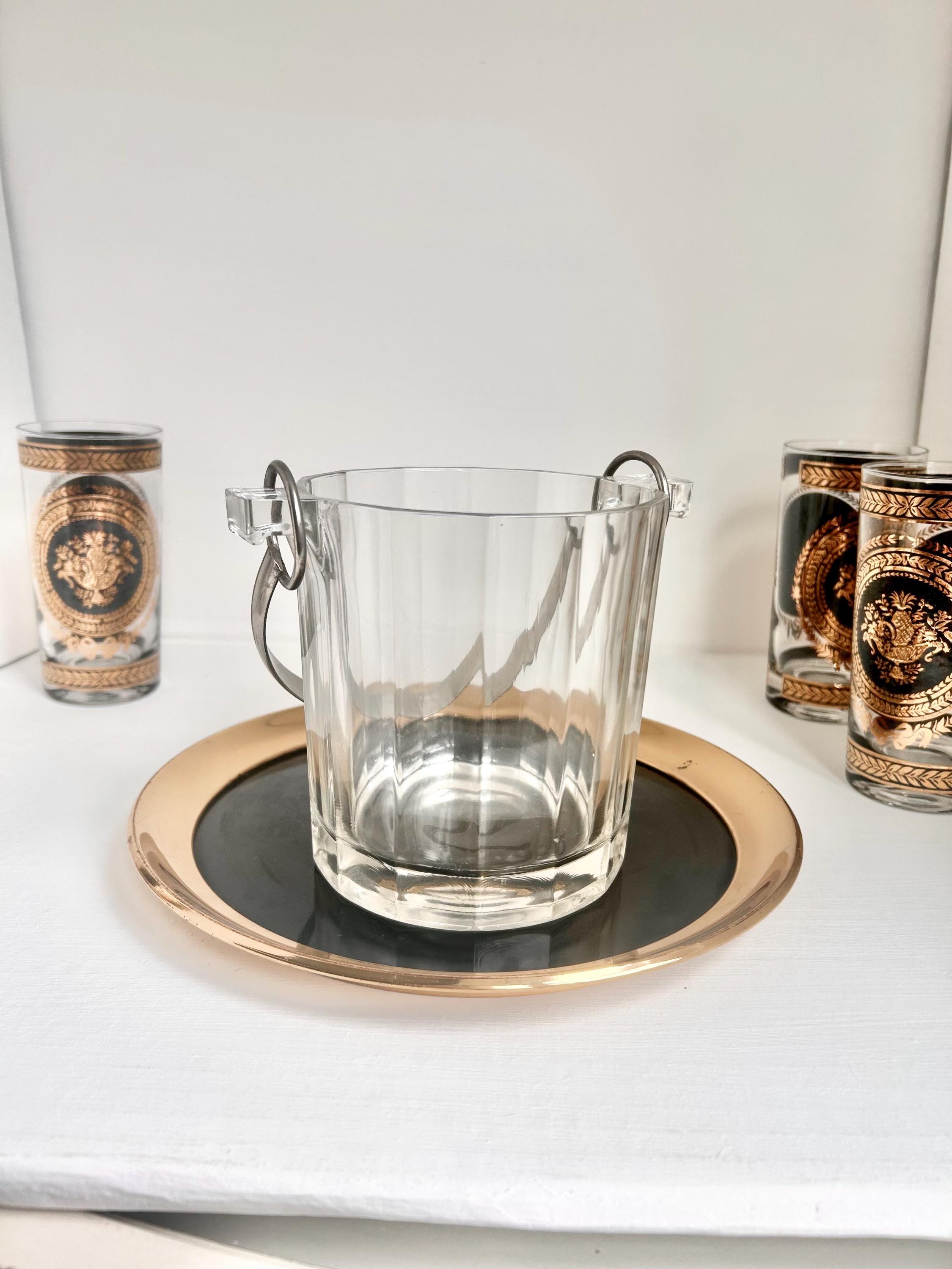 Vintage Paneled Glass Ice Bucket: Stainless Steel Handle Cocktail Serving Pail
