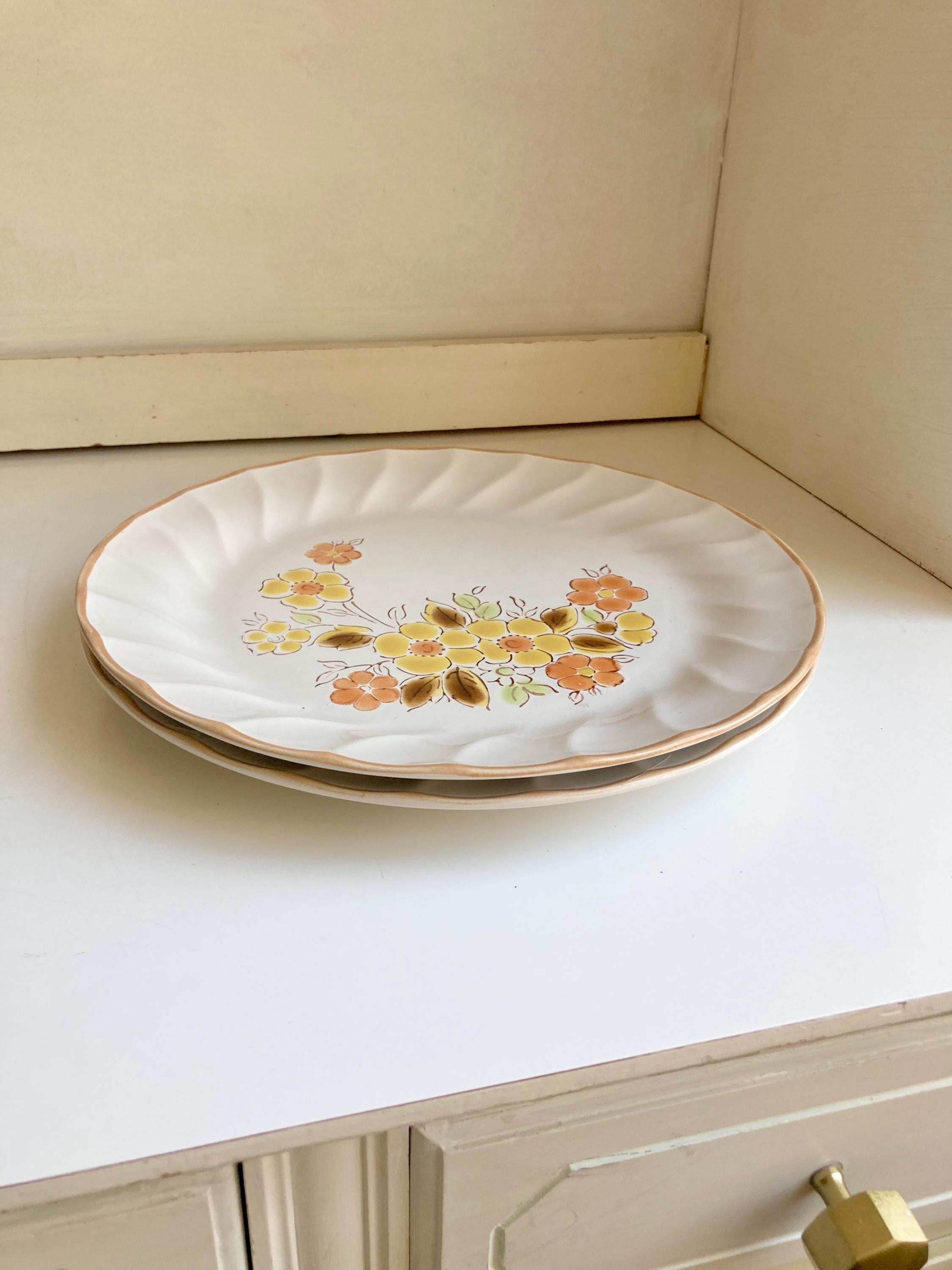Vintage Gaiety Sculptura Stoneware Dinner Plates Pair - Orange Yellow Floral - Japan
