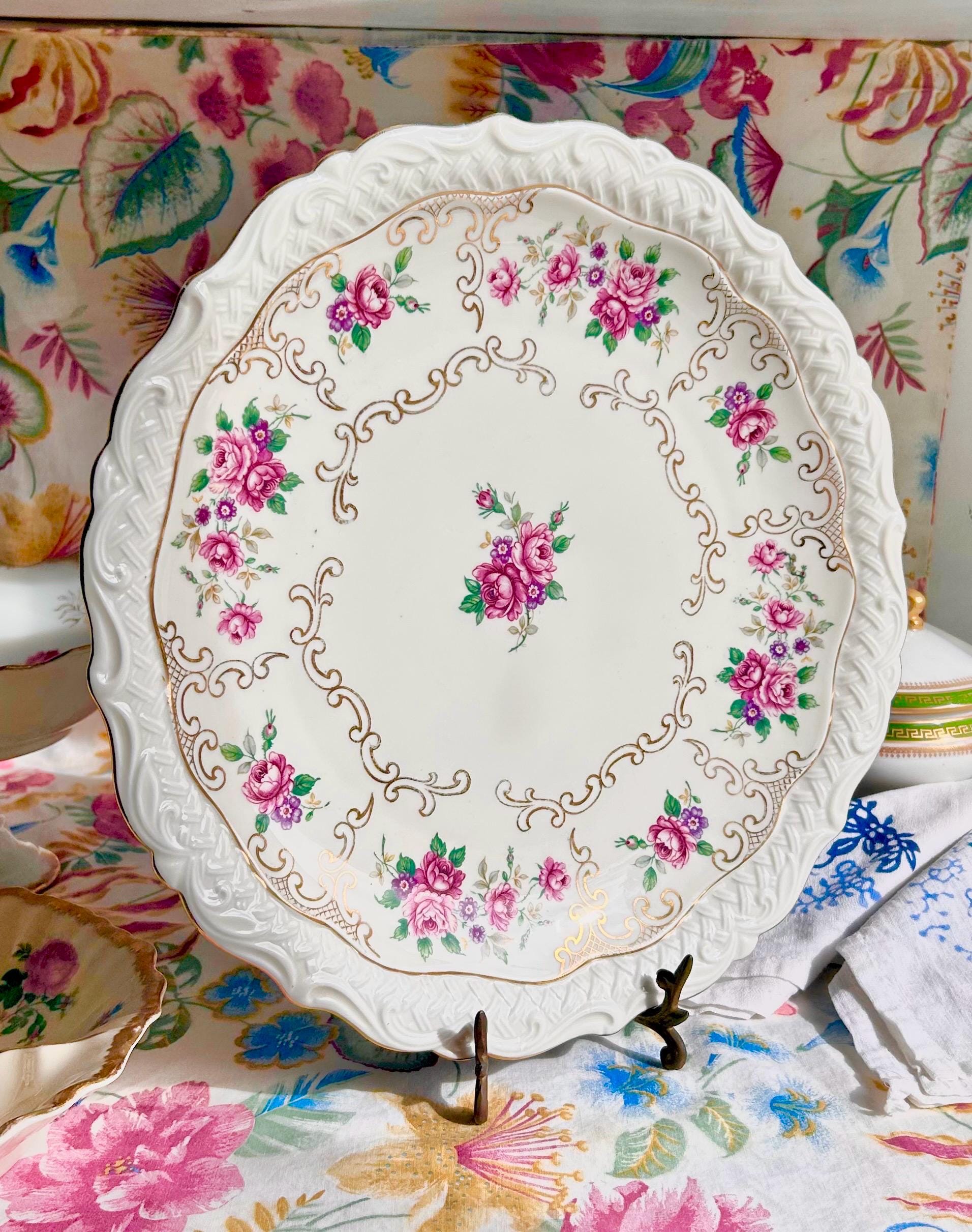 Vintage Bavaria Porcelain Platter: 12" Floral Basketweave Gold Trim