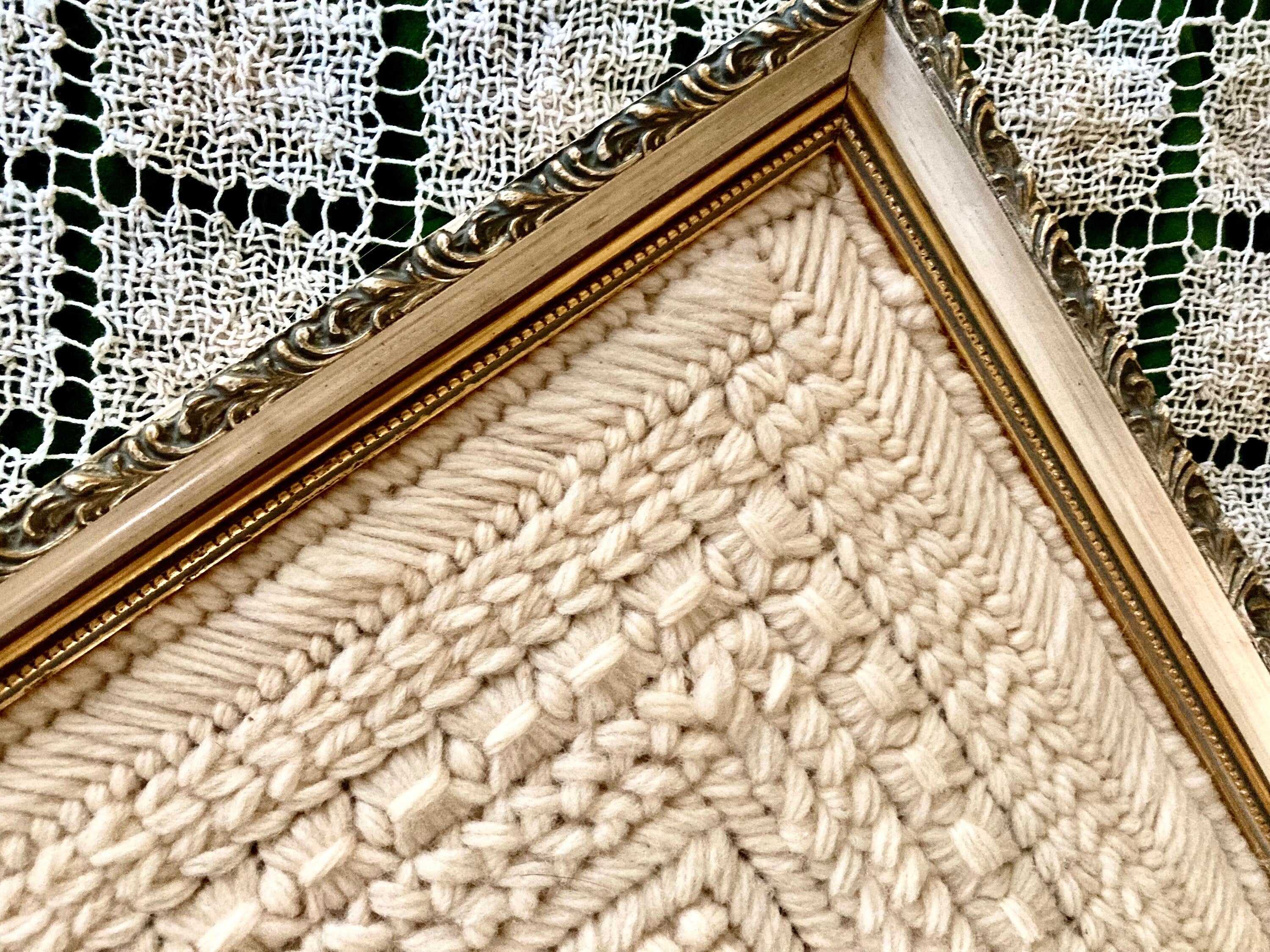 Vintage Yarn Art in Gilt Frame: Cream Boho Wall Decor (20x20)