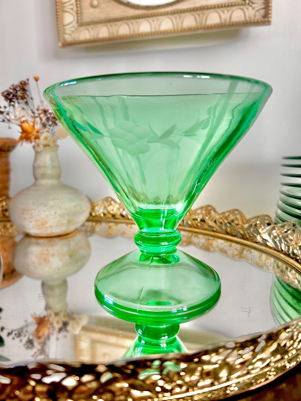 Vintage Uranium Green Heavy Pressed Glass Pedestal Sherbet Dish, Etched