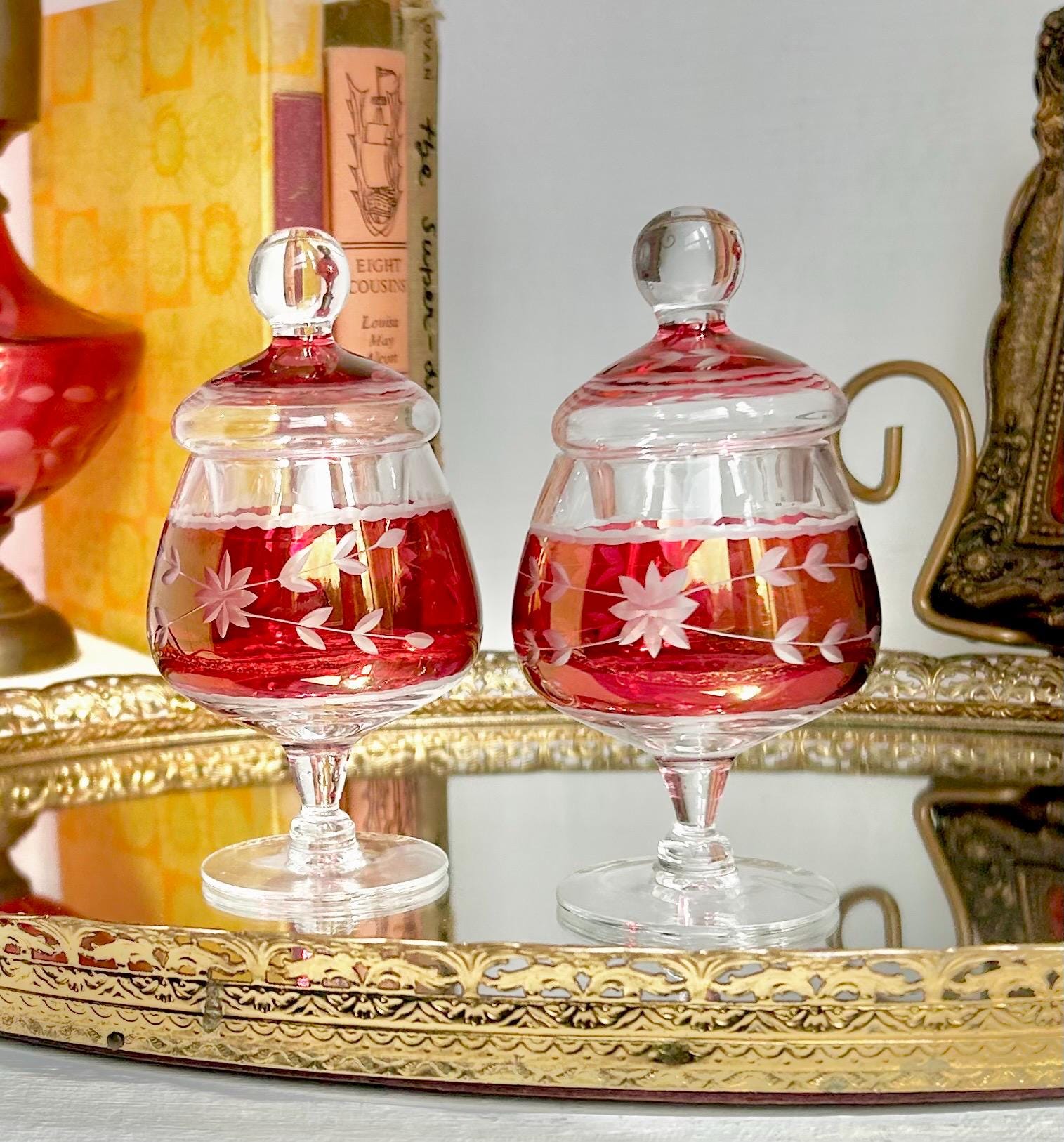 Vintage Cranberry Cut-to-Clear Glass Canister: Bohemian Ruby Red Candy Jar
