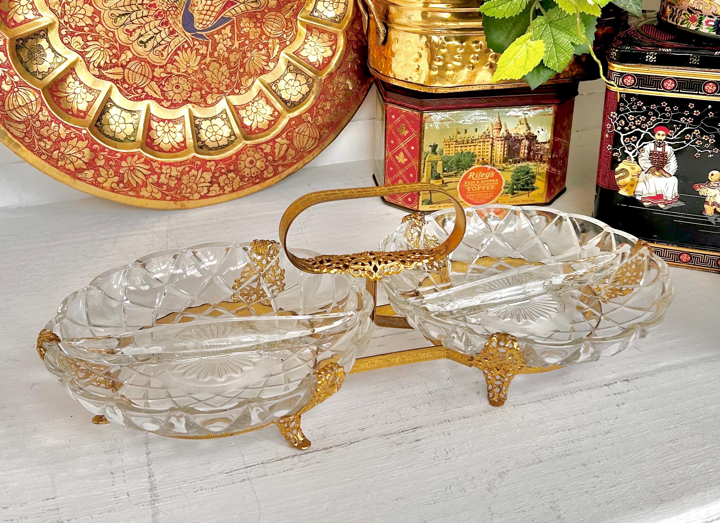 Vintage Gilt Metal & Glass Serving Caddy: Ormolu Double Dish with Handle