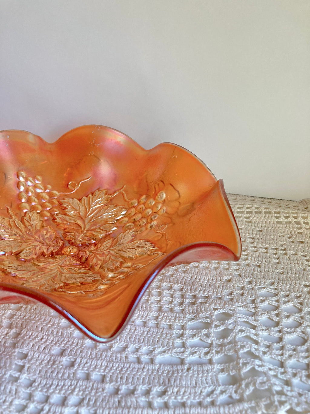 Antique Northwood Marigold Carnival Glass Ruffled Bowl: Grape Cable & Blossom Palm, c. 1910