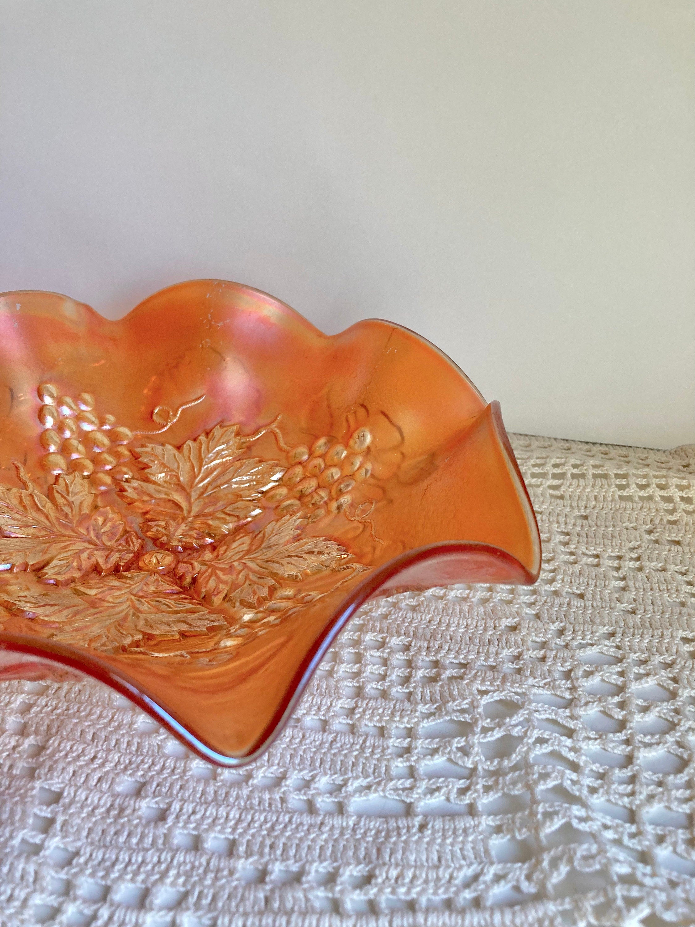 Antique Northwood Marigold Carnival Glass Ruffled Bowl: Grape Cable & Blossom Palm, c. 1910