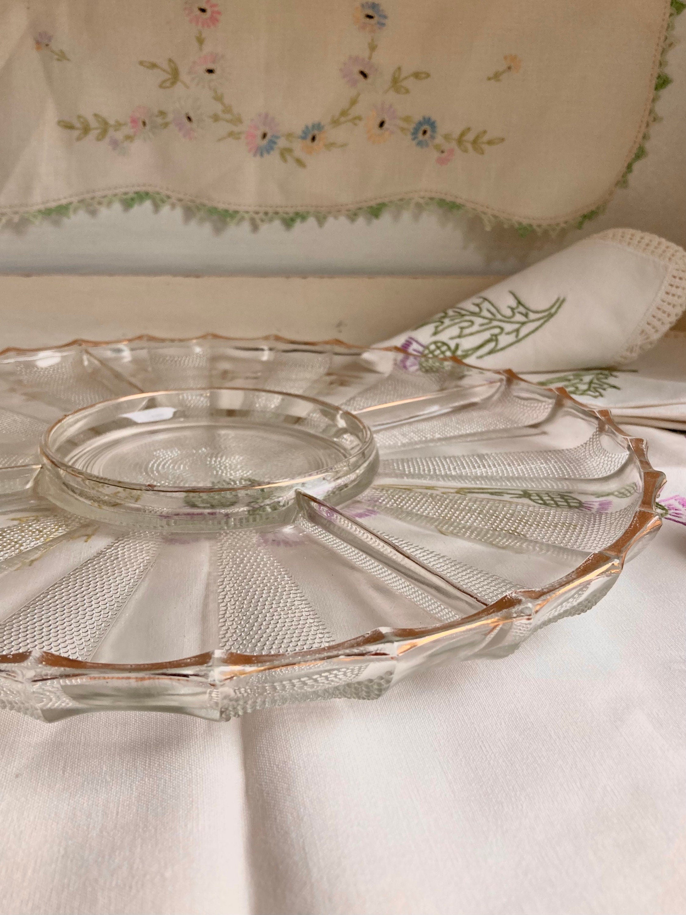 Vintage Jeanette Dewdrop Glass Serving Platter: Gold Wavy Edge, 5-Part Dish