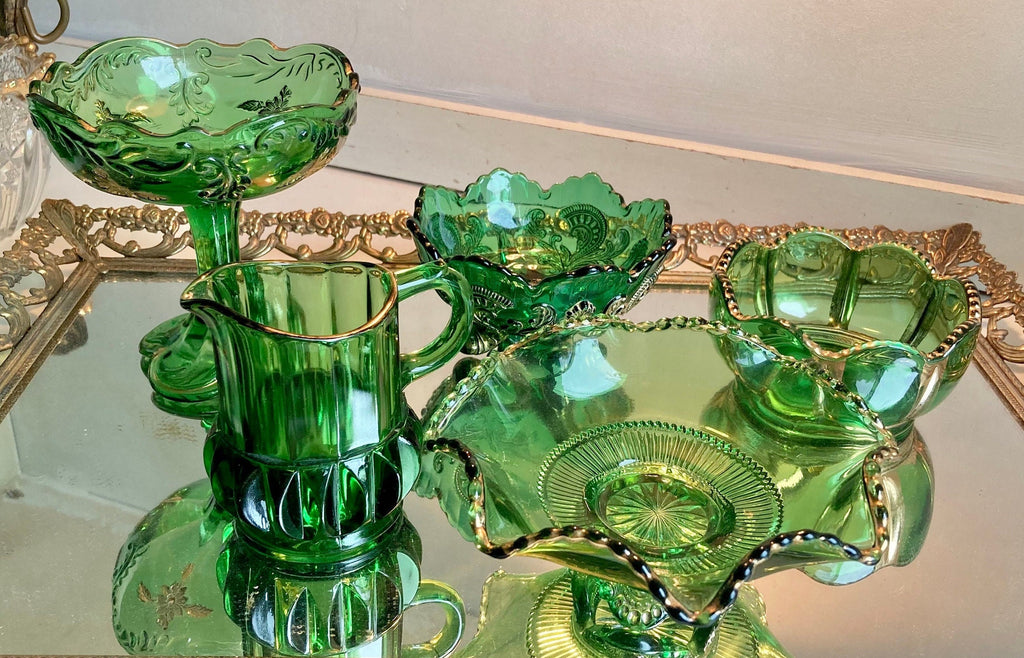 Antique EAPG Emerald and Gold Trim Glassware: Choose from 4