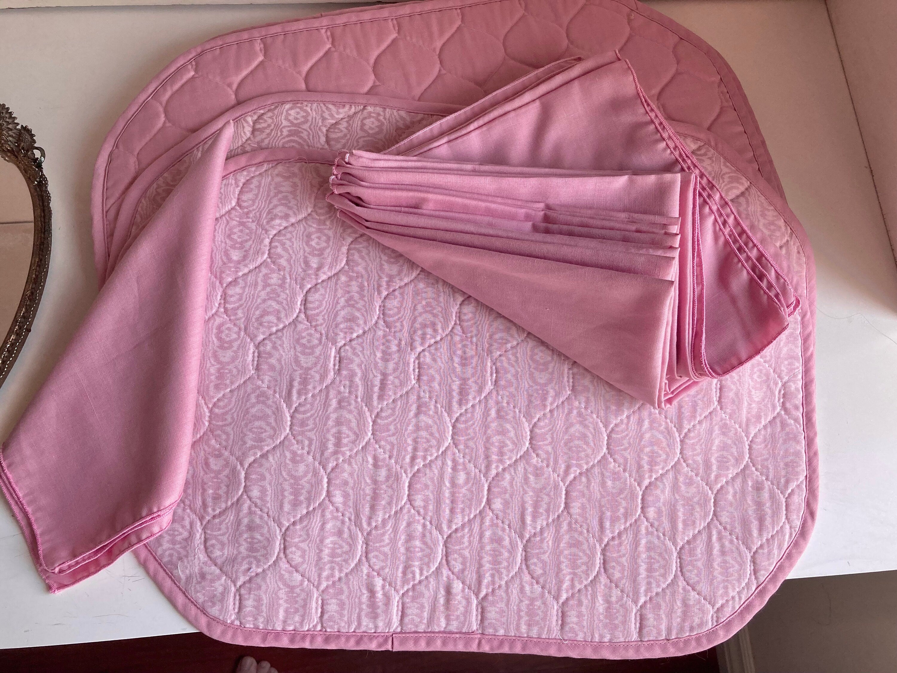 Vintage Quilted Placemat & Napkin Set: 1980s Dusty Rose Table Linens