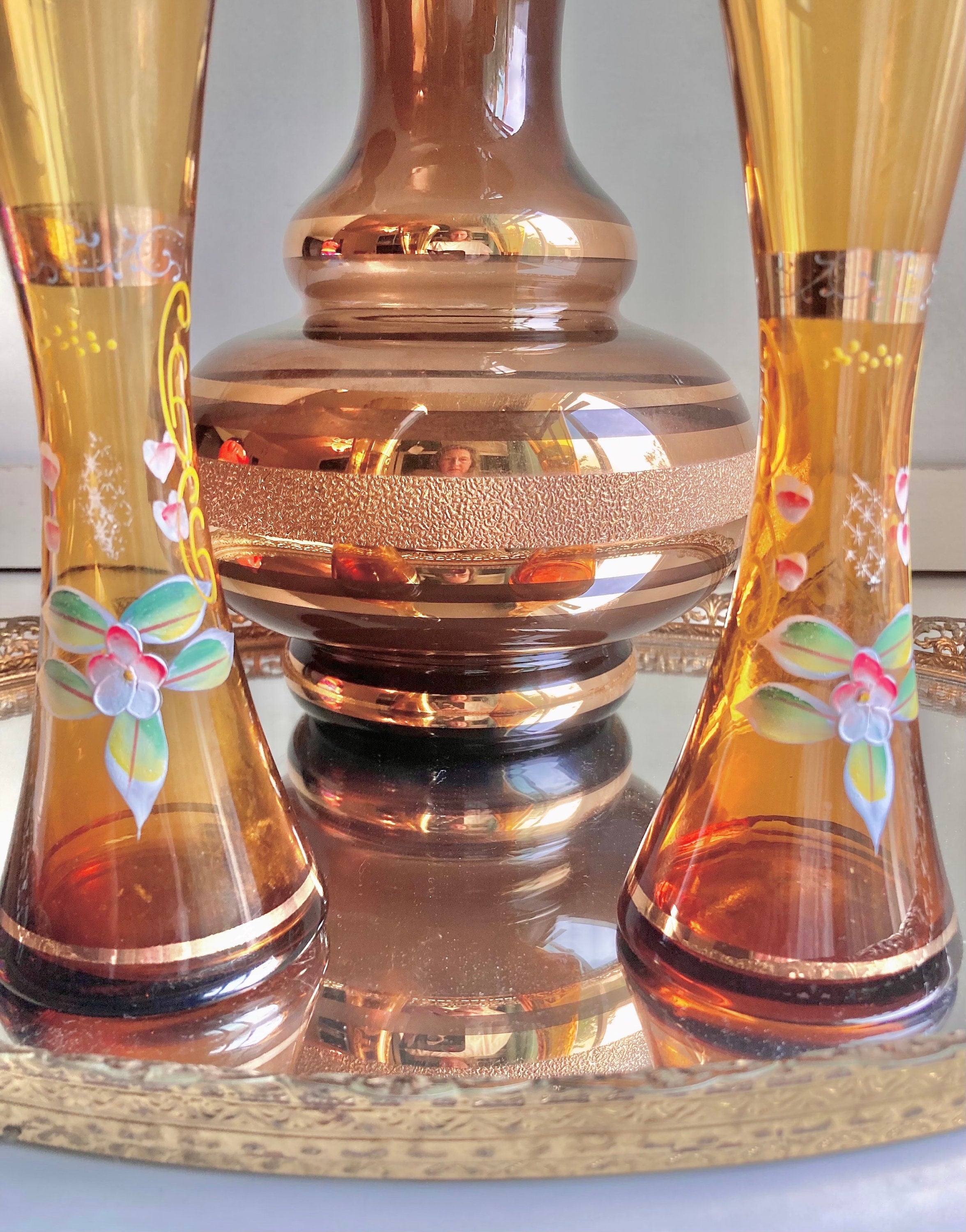 Vintage Bohemian Czech Amber and Brown Gilt Glass Vases - Choose from 2 styles