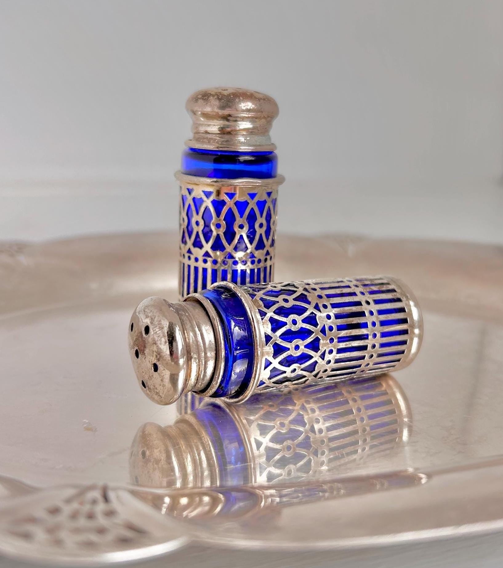 Vintage Cobalt Blue Glass Salt and Pepper Shakers - Silverplate Sleeves