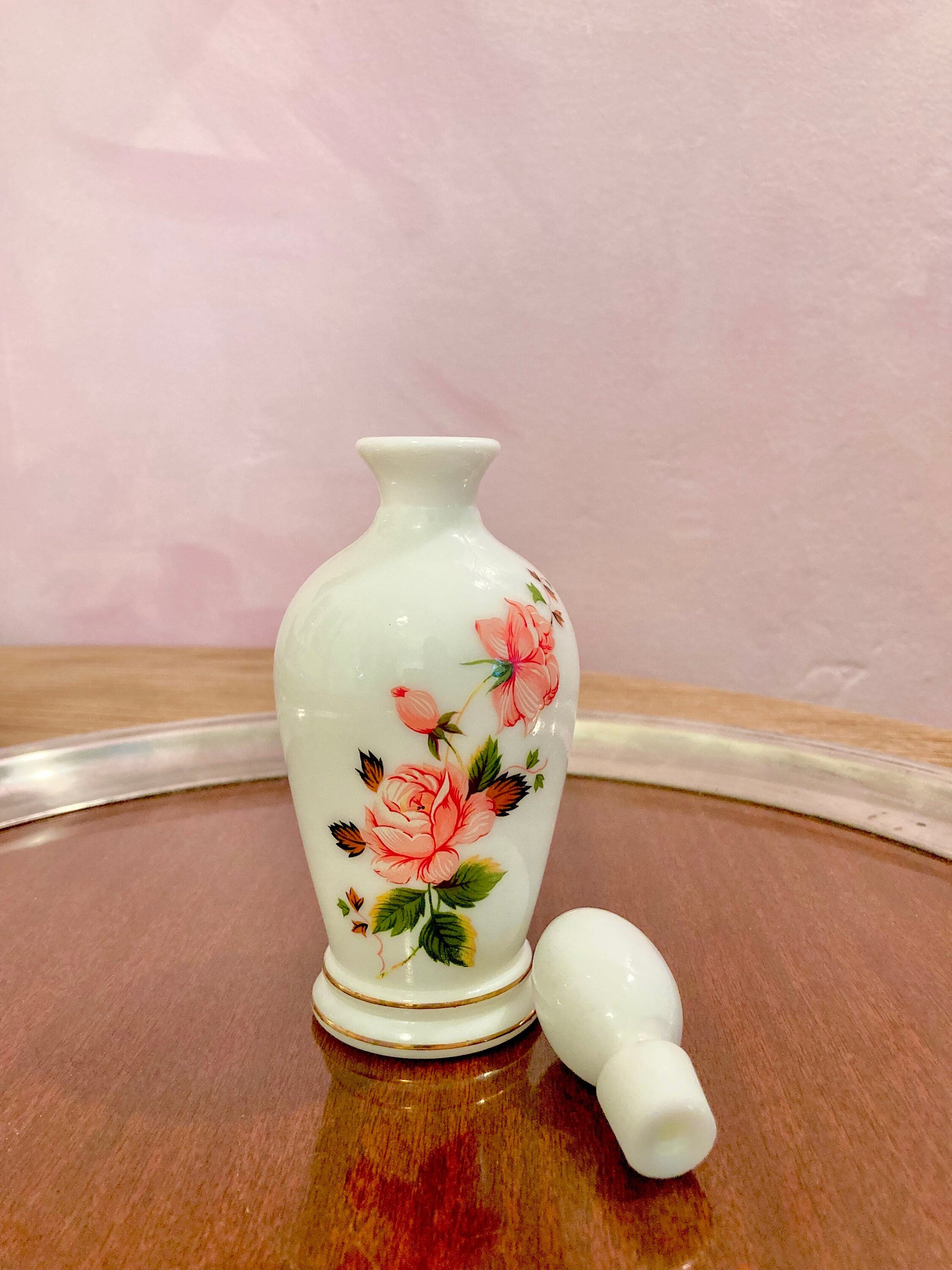 Vintage Waltersperger Milk Glass Perfume Bottle: Floral Appliqué, France
