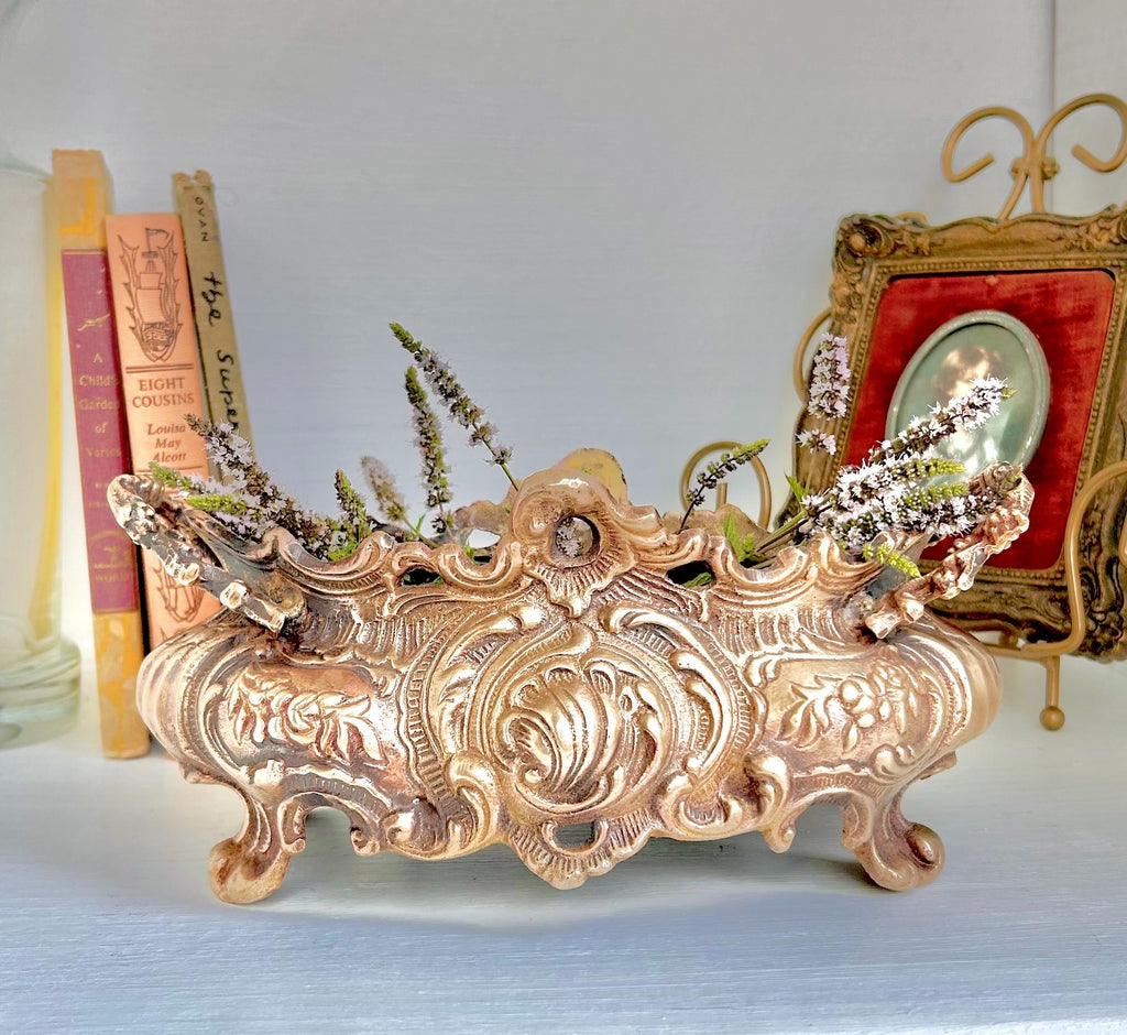 Vintage Solid Brass Jardinier: Neoclassical Footed Planter with Floral Motifs