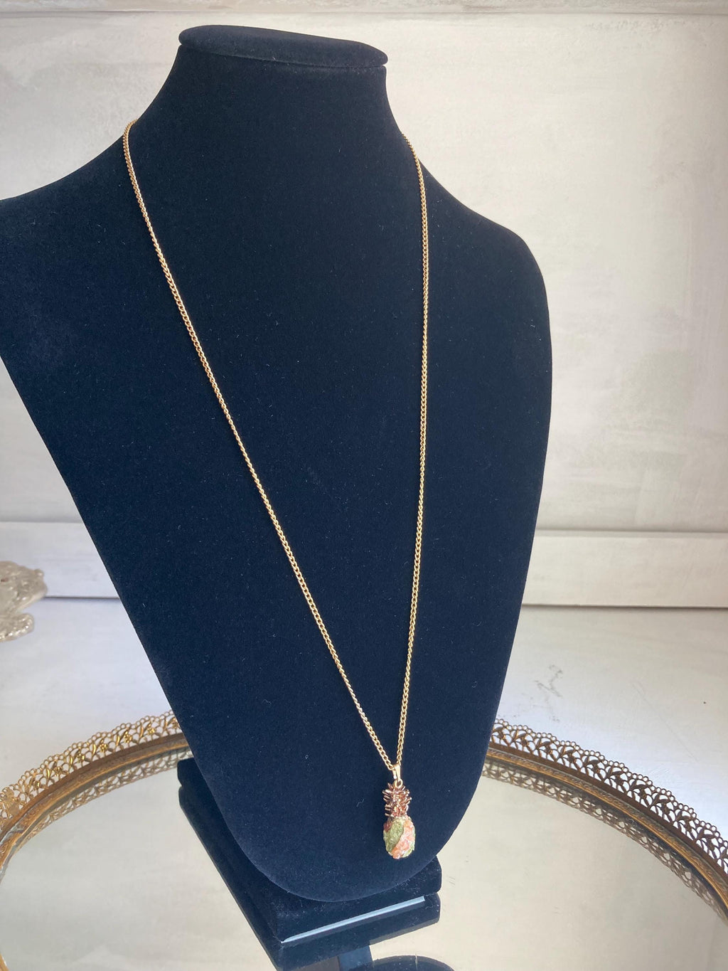 Vintage Semi-precious Stone Encrusted Pineapple Gold-tone Pendant on Long 24-inch gold-tone Chain
