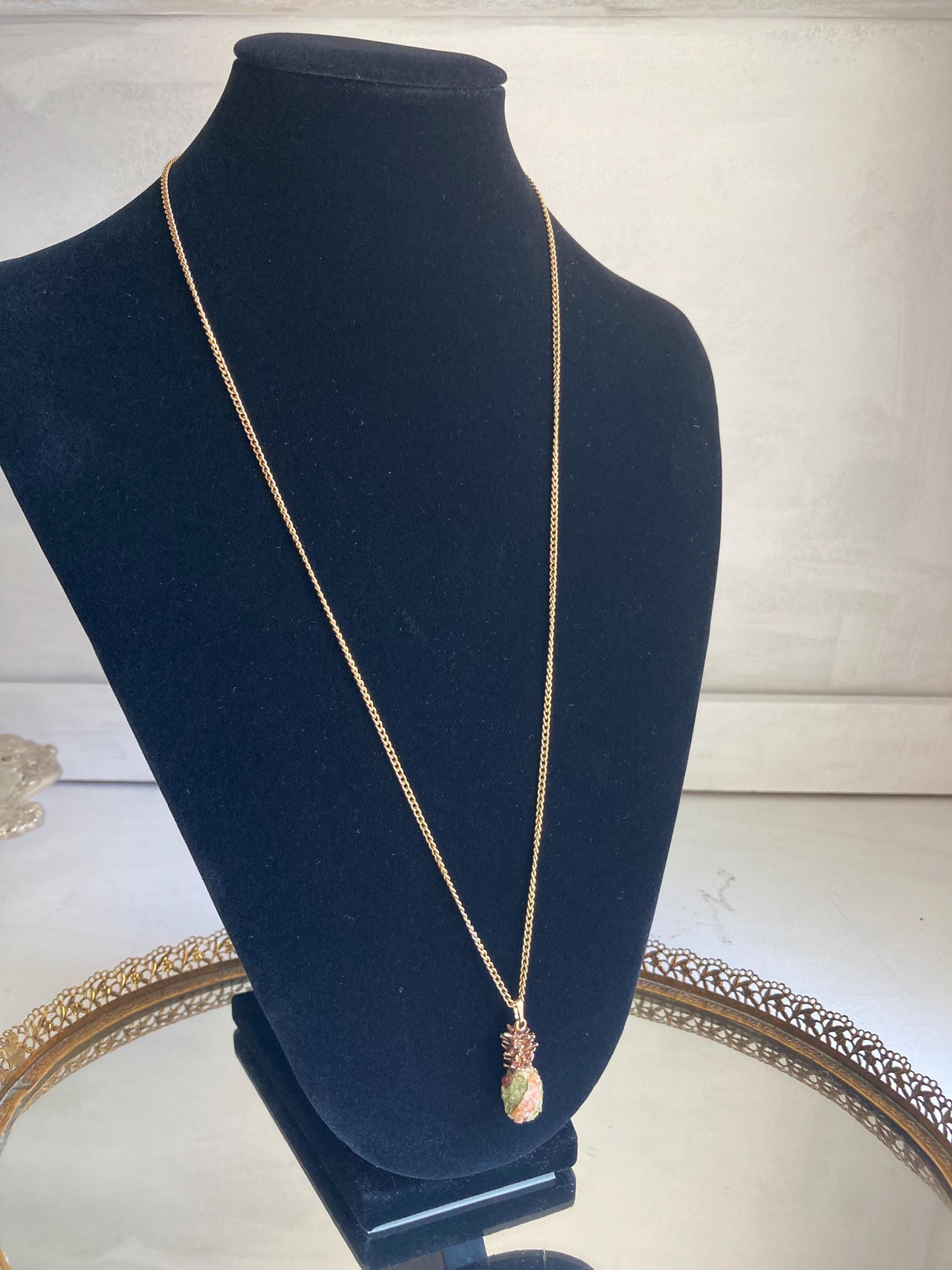 Vintage Semi-precious Stone Encrusted Pineapple Gold-tone Pendant on Long 24-inch gold-tone Chain