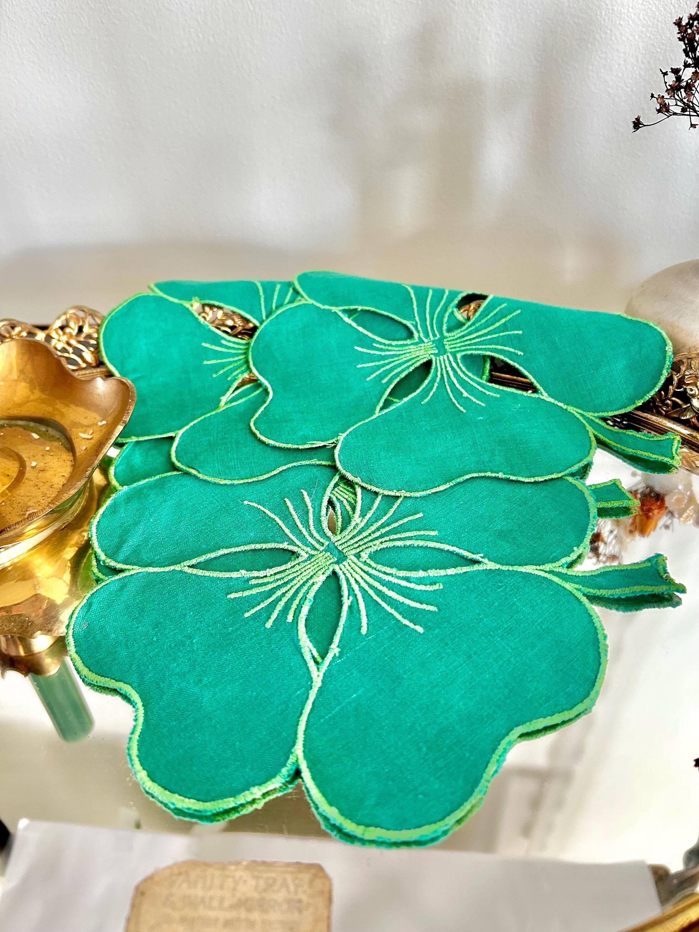 Vintage Hand Stitched Linen Shamrock Coasters in Emerald Green Set of 4