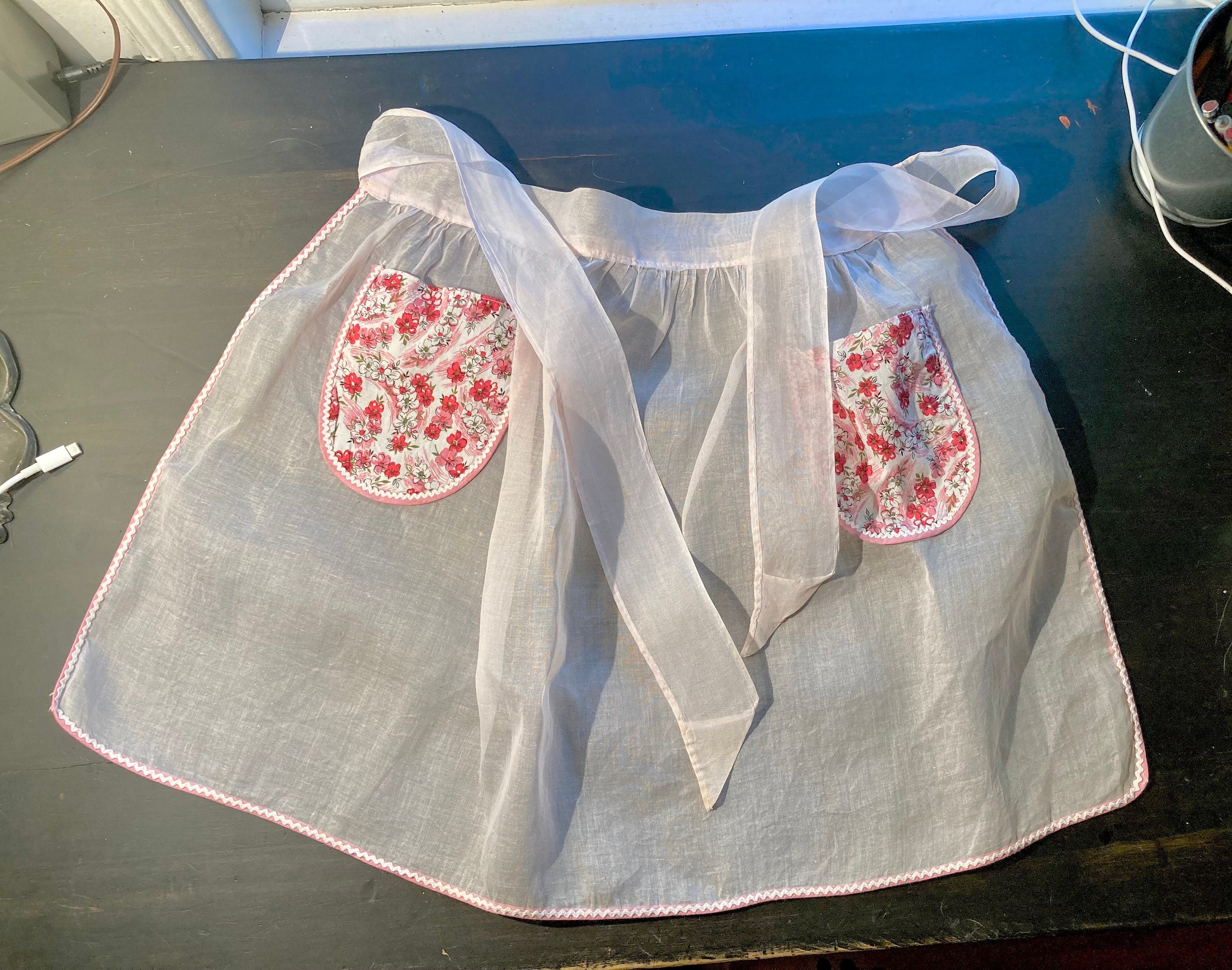 Vintage Pink Floral Organdy Apron: Hand-stitched Hostess Style