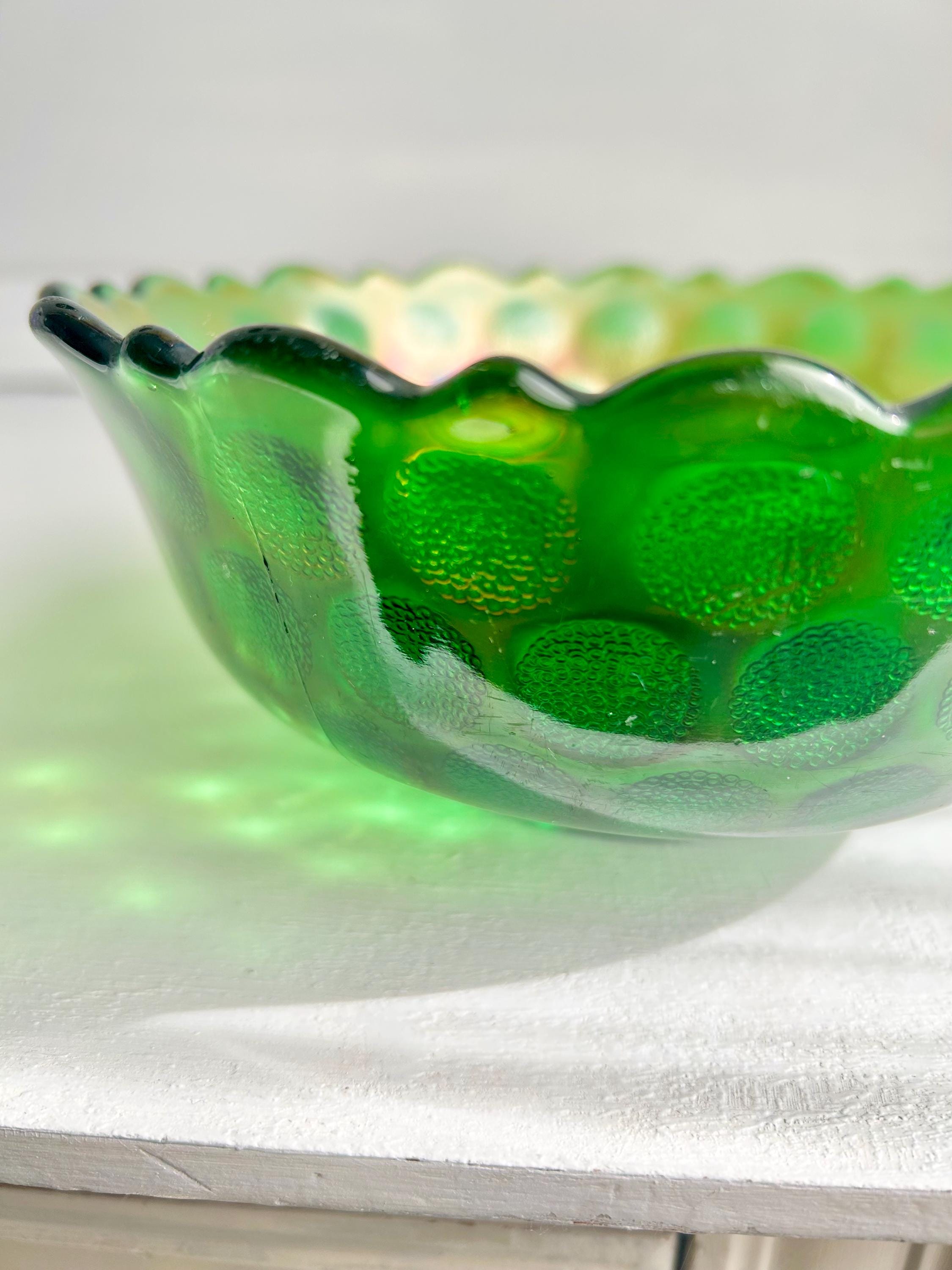 Vintage Fenton Emerald Carnival Glass Bowl: Coin Dot Pattern, Sawtooth Rim