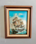 Vintage Lenticular Sailboat Art: 3D Hologram, Wood & Linen Frame