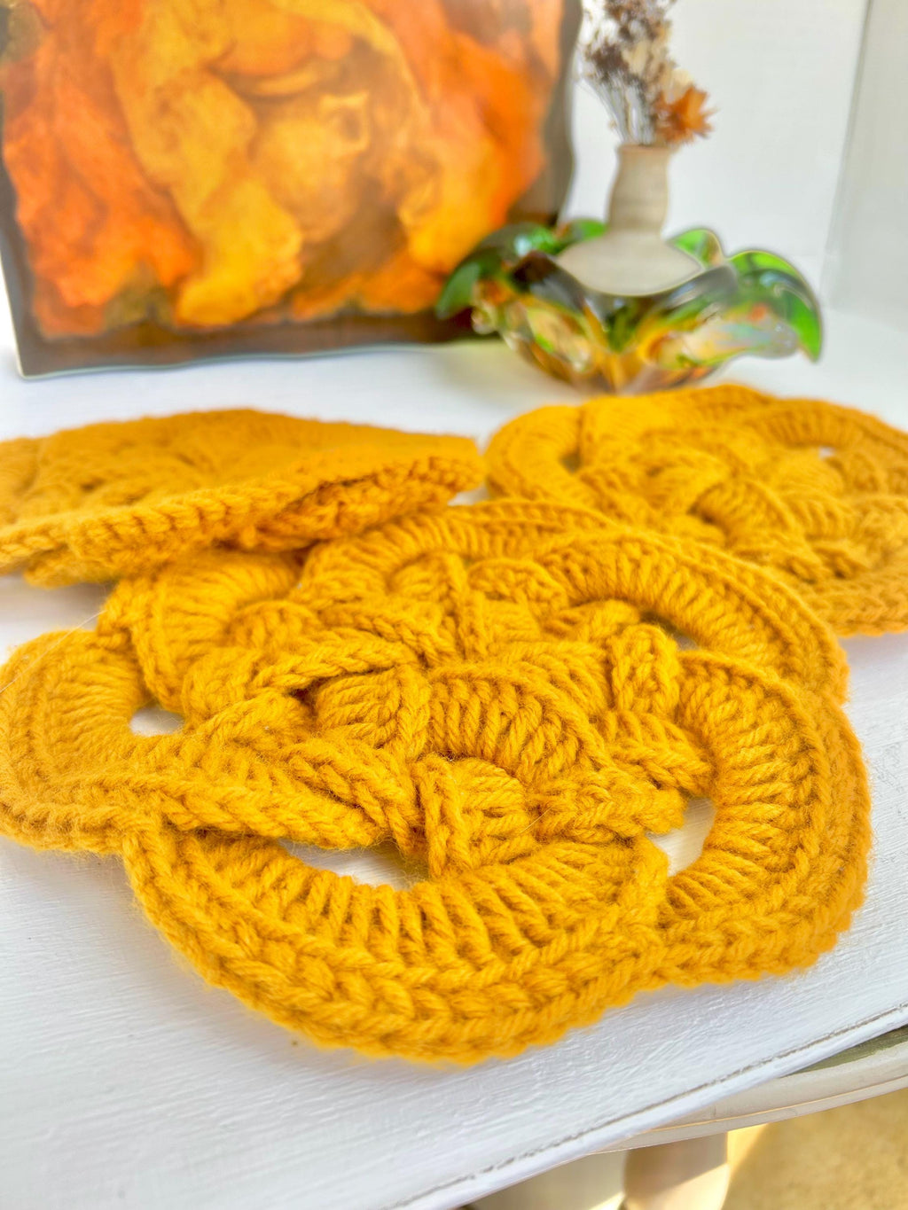 Vintage Crocheted Trivets: Mustard Yellow Braided Coasters, Set of 3